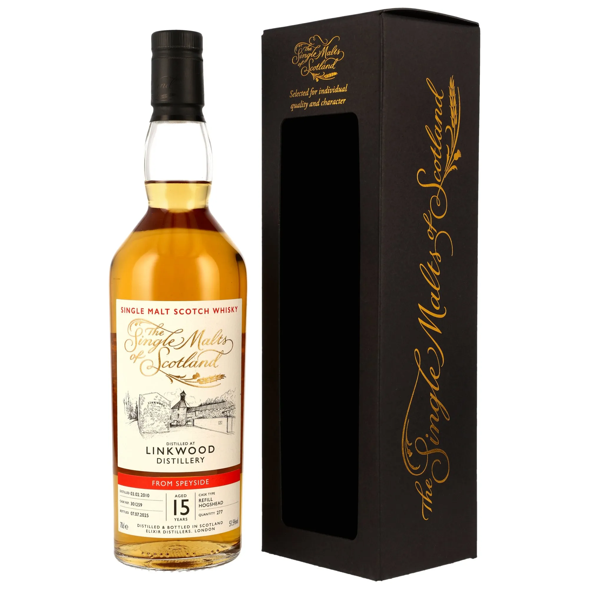 Linkwood The Single Malts of Scotland 15 Year Old, Refill Hogshead Cask, Cask #301259, 2010, Elixir Distillers, 51.5%