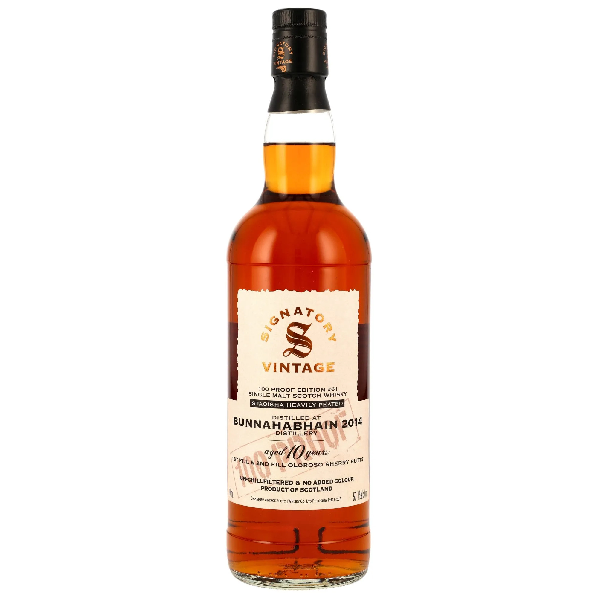 Bunnahabhain Staoisha 100 Proof Edition 10 Year Old, Oloroso Sherry Cask, No. 61, 2014, Signatory Vintage, 57.1%