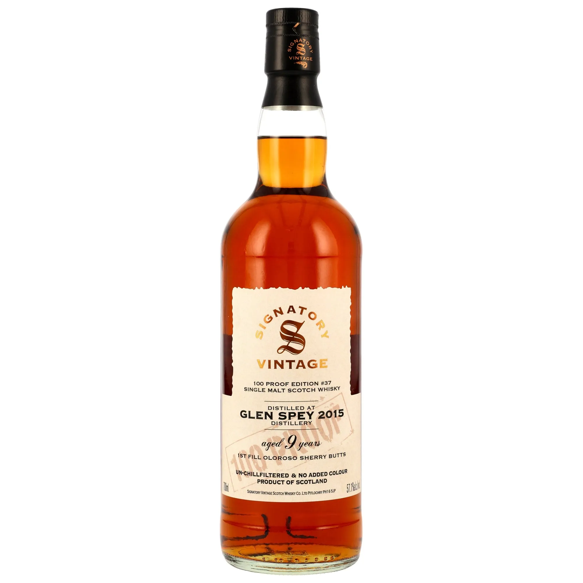 Glen Spey 2015/2025 - 9 Year Old - Signatory 100 PROOF Edition #37, Sherry Cask, Cask #37, 2015, Signatory Vintage, 57.1%