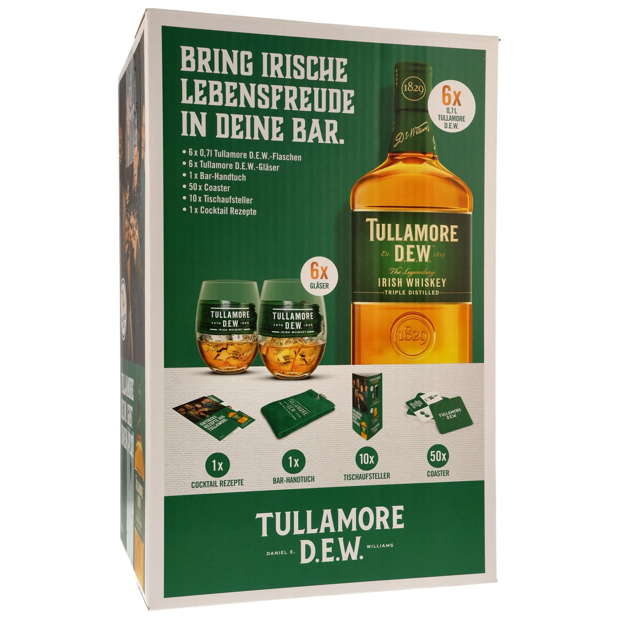 Tullamore Dew Gastro Paket: 6x Tullamore Dew Original, 1x Bar-Handtuch, 50x Coaster, 10x Tischaufsteller, 6x Gläser, Cocktail-Rezepte