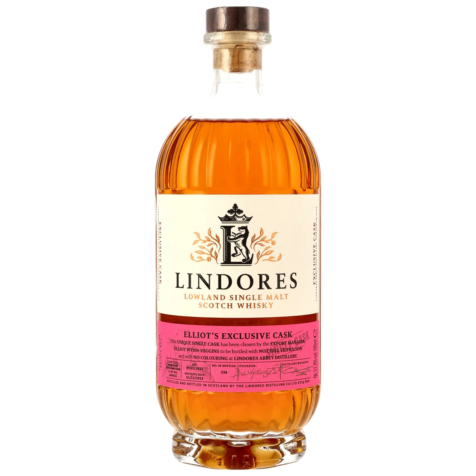 Lindores Elliot's Exclusive Cask Palo Cortado Sherry Finish 4 Year Old, Bourbon & Palo Cortado Sherry Cask, Cask #244014, 2025, 51.6%