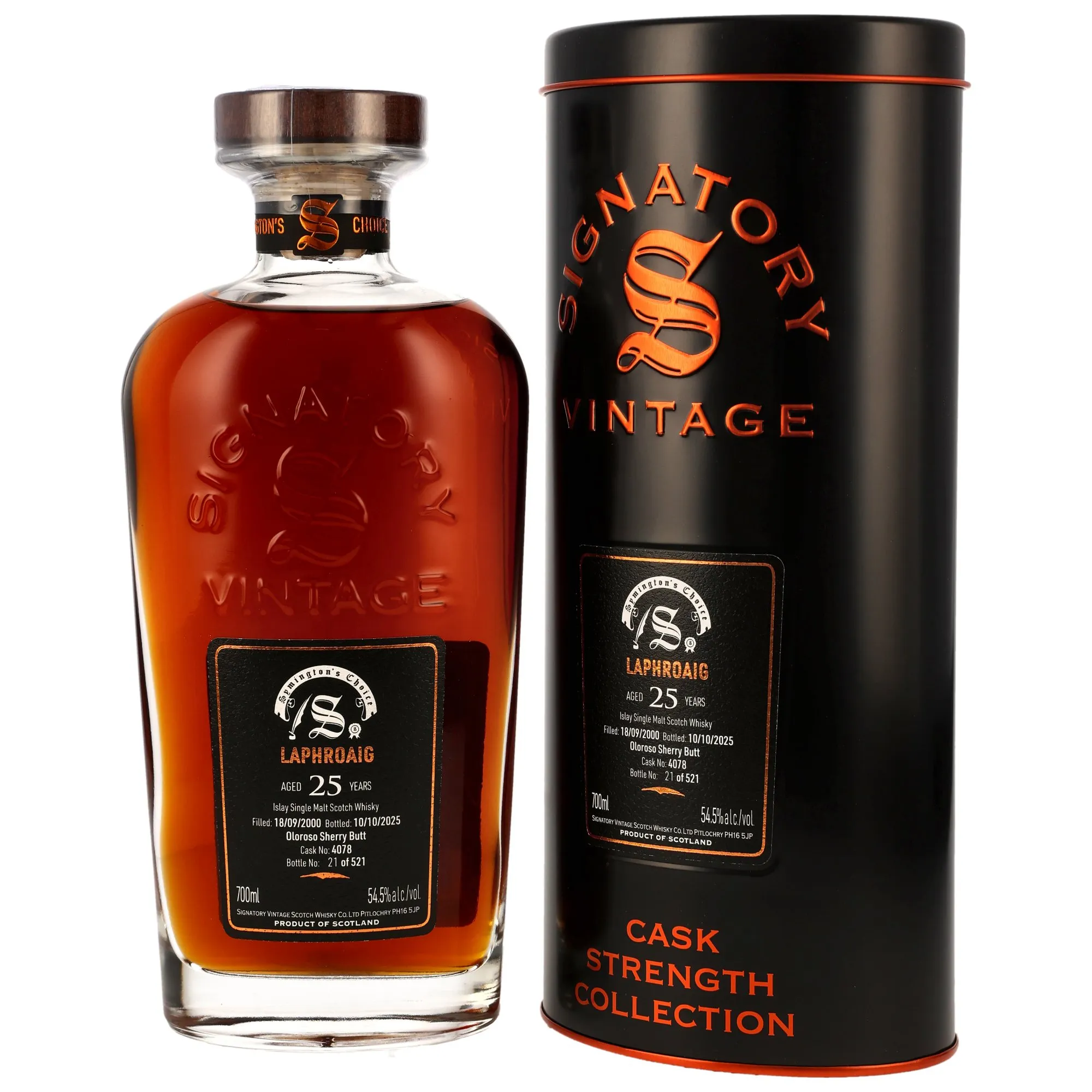 Laphroaig Symington's Choice Cask Strength Collection 25 Year Old, Oloroso Sherry Cask, Cask #4078, 2000, Signatory Vintage, 54.5%
