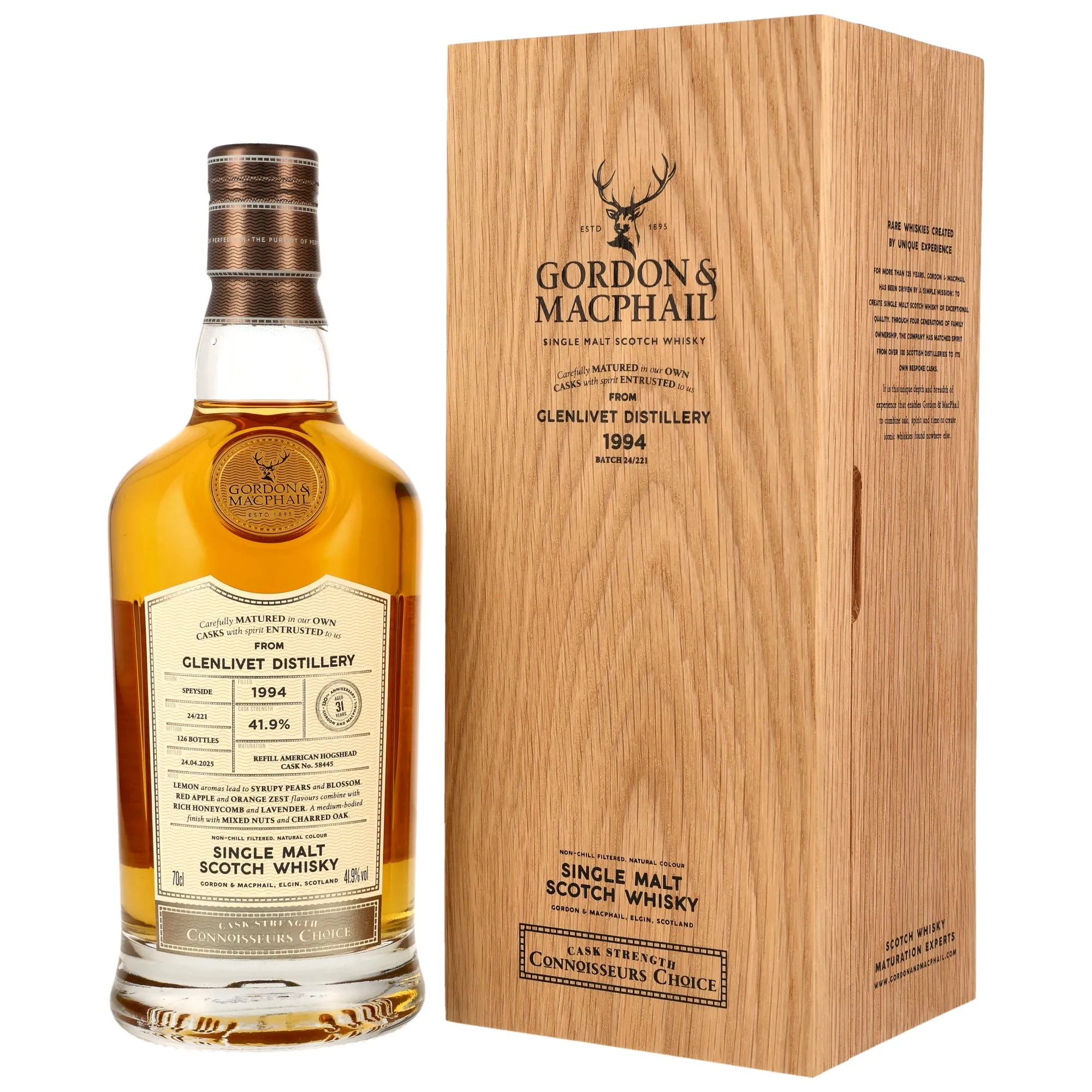 Glenlivet Connoisseurs Choice 31 Year Old, Refill American Bourbon Hogshead Cask, Cask #58445, Batch No. 24/221, 1994, Gordon & MacPhail, 41.9%