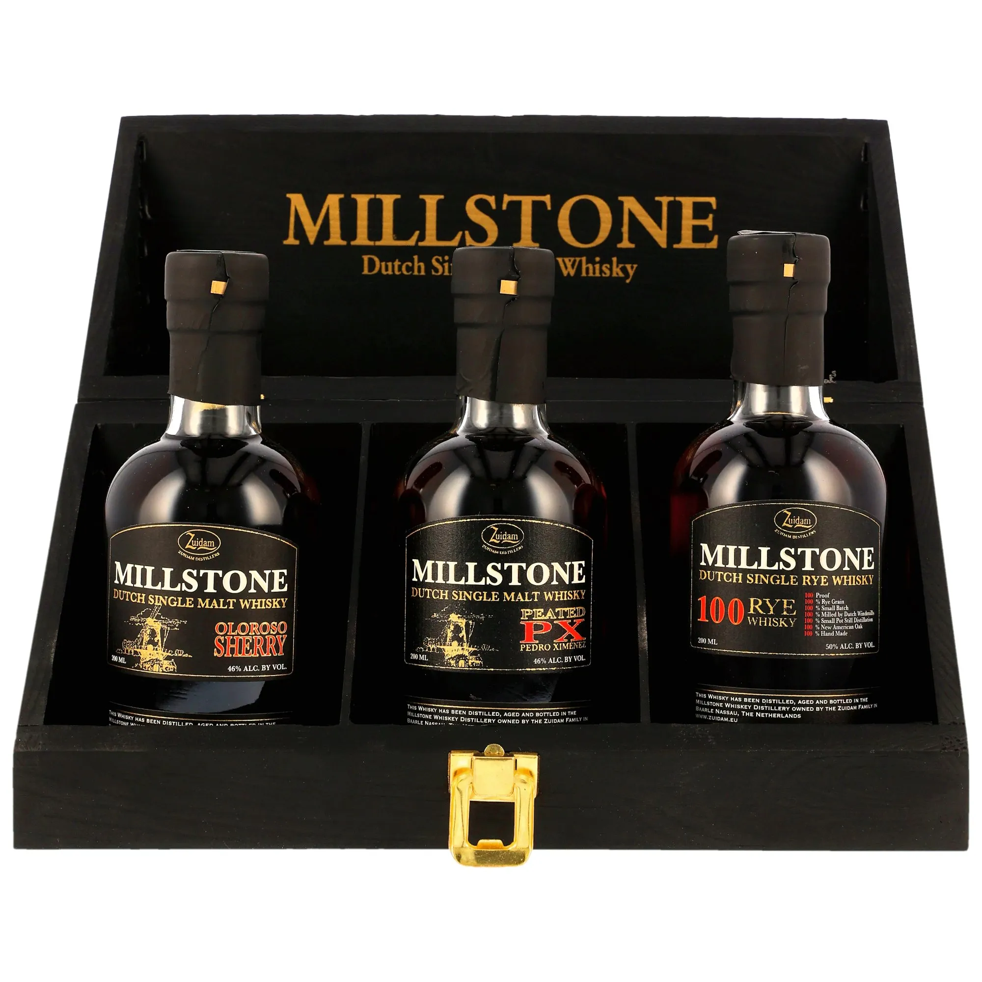 Zuidam Millstone Geschenk Set - 3x (Oloroso, PX & Rye Whisky), Oloroso Sherry Cask, Pedro Ximénez Cask, New American Oak Cask, 47.3%