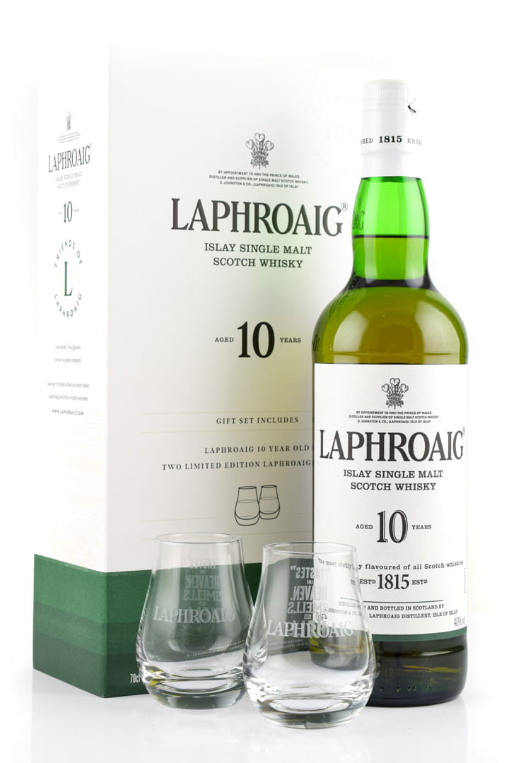 Laphroaig 10 Year Old with two glasses Laphroaig 10 Year Old with two glasses