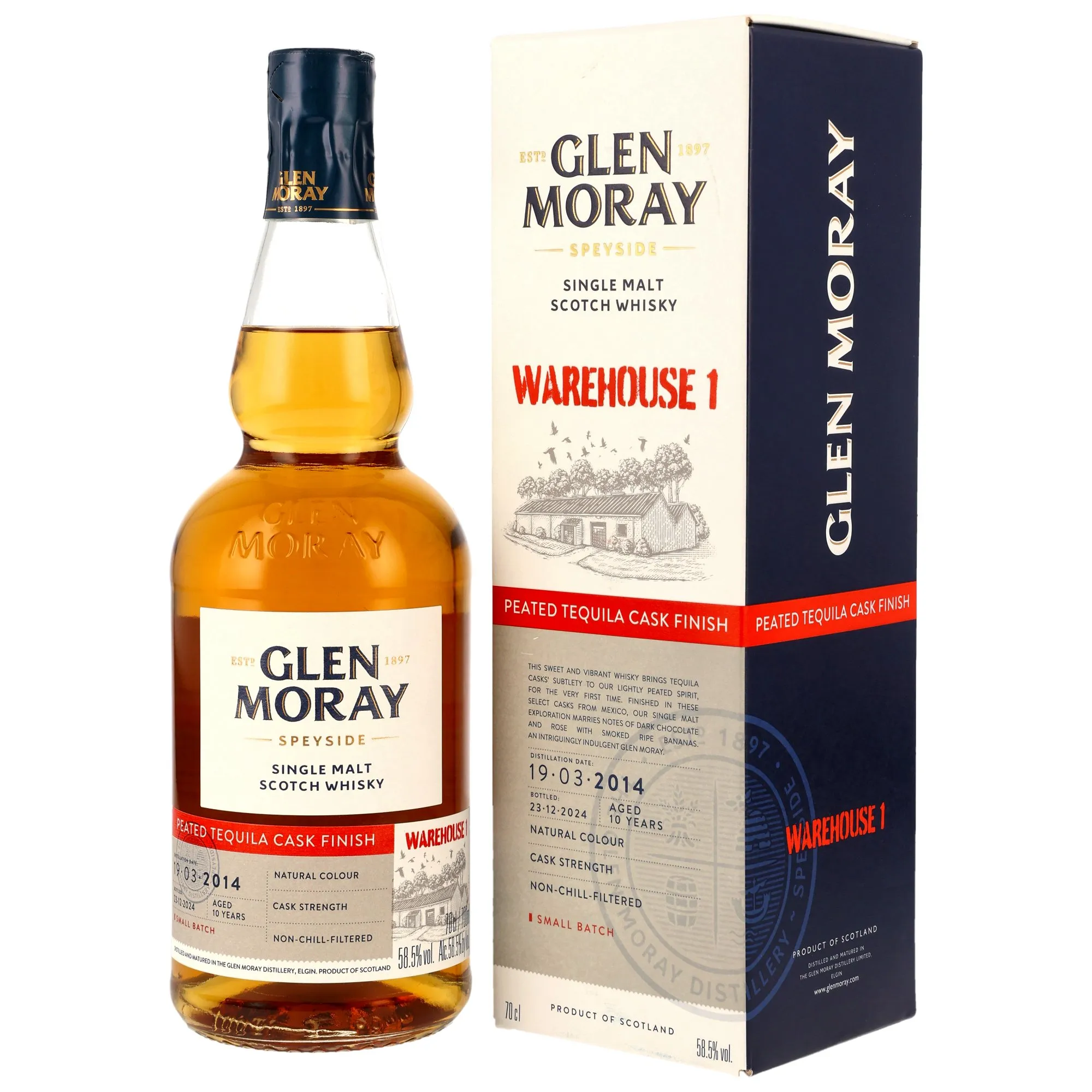 Glen Moray Warehouse 1 Peated Tequila Cask Finish 10 Year Old, Bourbon & Tequila Cask, Small Batch, 2024, 58.5%