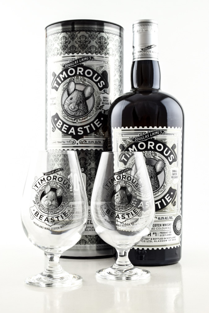 Timorous Beasties 10 Year Old 46.8% vol. 0.7l with two glasses Timorous Beasties 10 Year Old 46.8% vol. 0.7l with two glasses