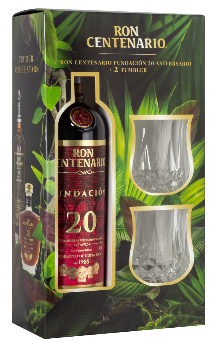 Ron Centenario 20 Jahre Fundación mit zwei Gläsern