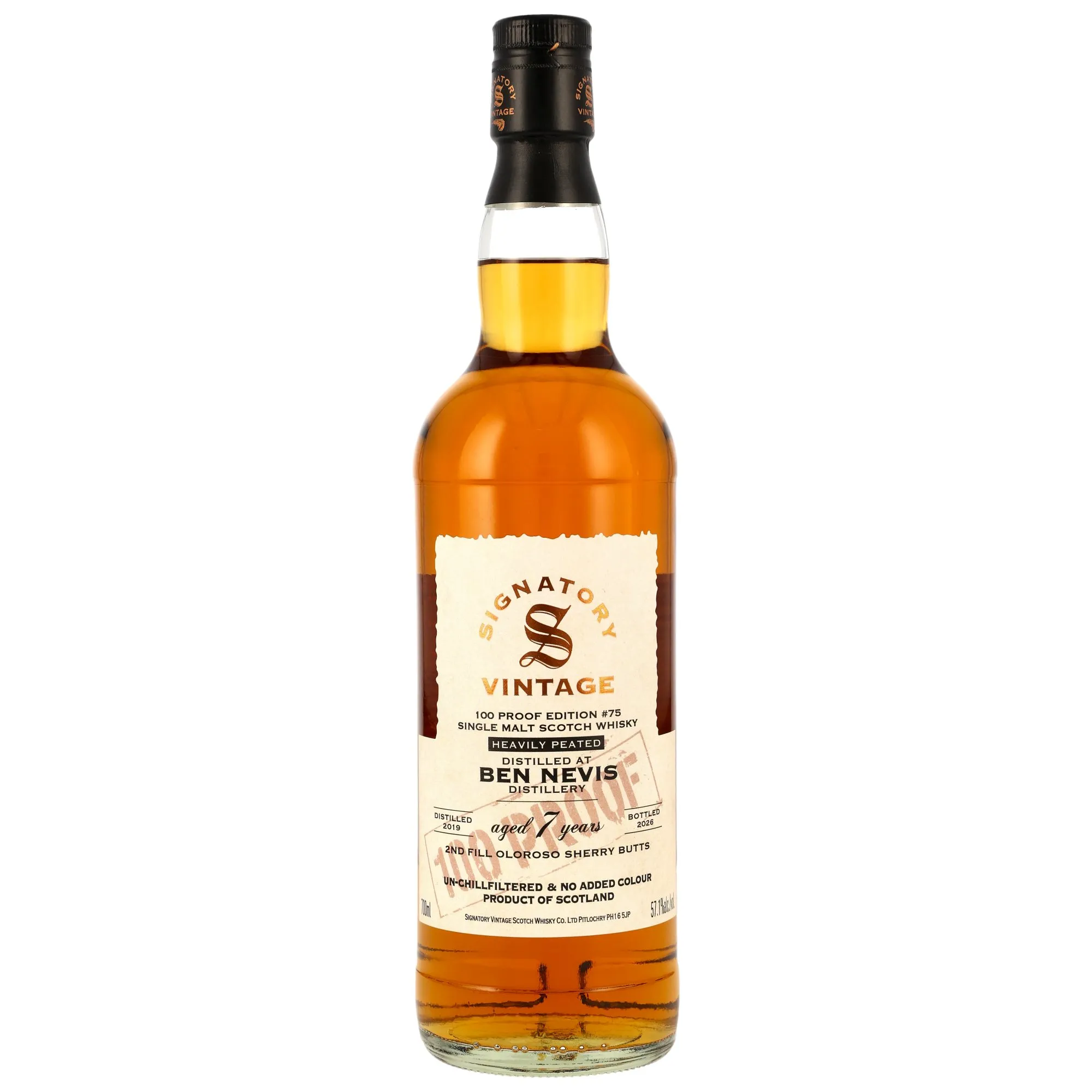 Ben Nevis Heavily Peated 2019/2026 - 7 Jahre - 2nd Fill Oloroso Sherry Butts - Signatory 100 PROOF Edition #75