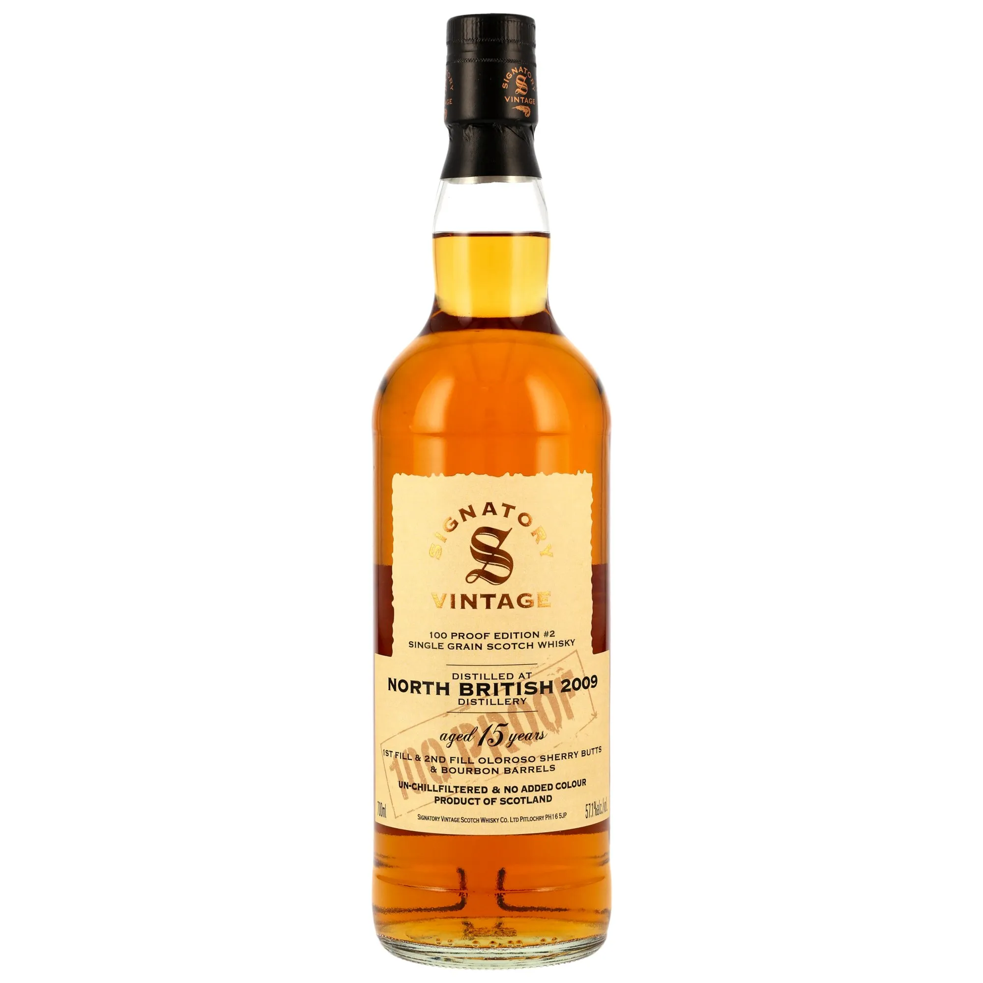 North British 100 Proof Grain Edition #2 15 Year Old, Sherry & Bourbon Cask, 2009, Signatory Vintage, 57.1%