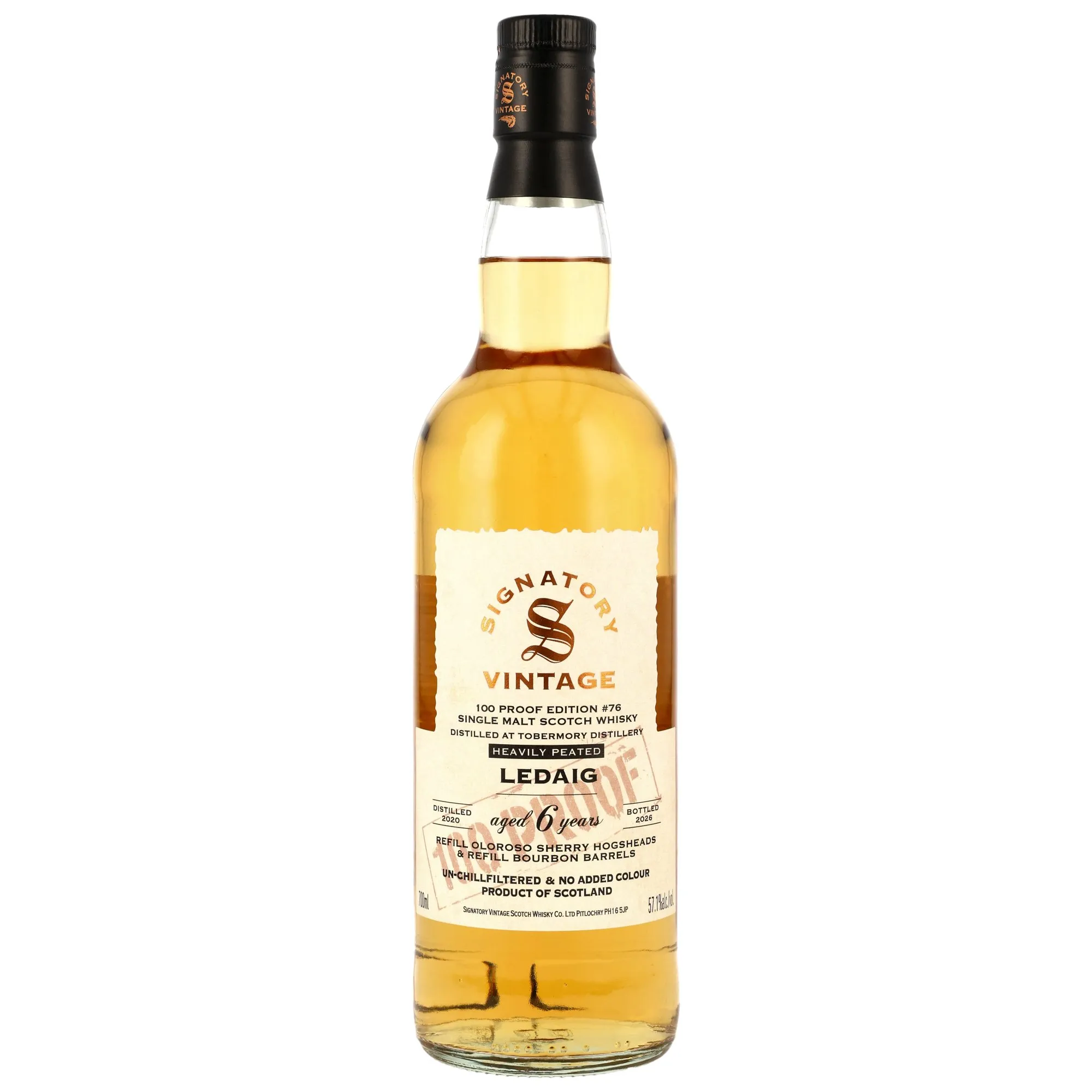Ledaig 100 Proof Edition 6 Year Old, Refill Oloroso Sherry Hogsheads & Refill Bourbon Barrels Cask, Batch No. 76, 2020, Signatory Vintage, 57.1%