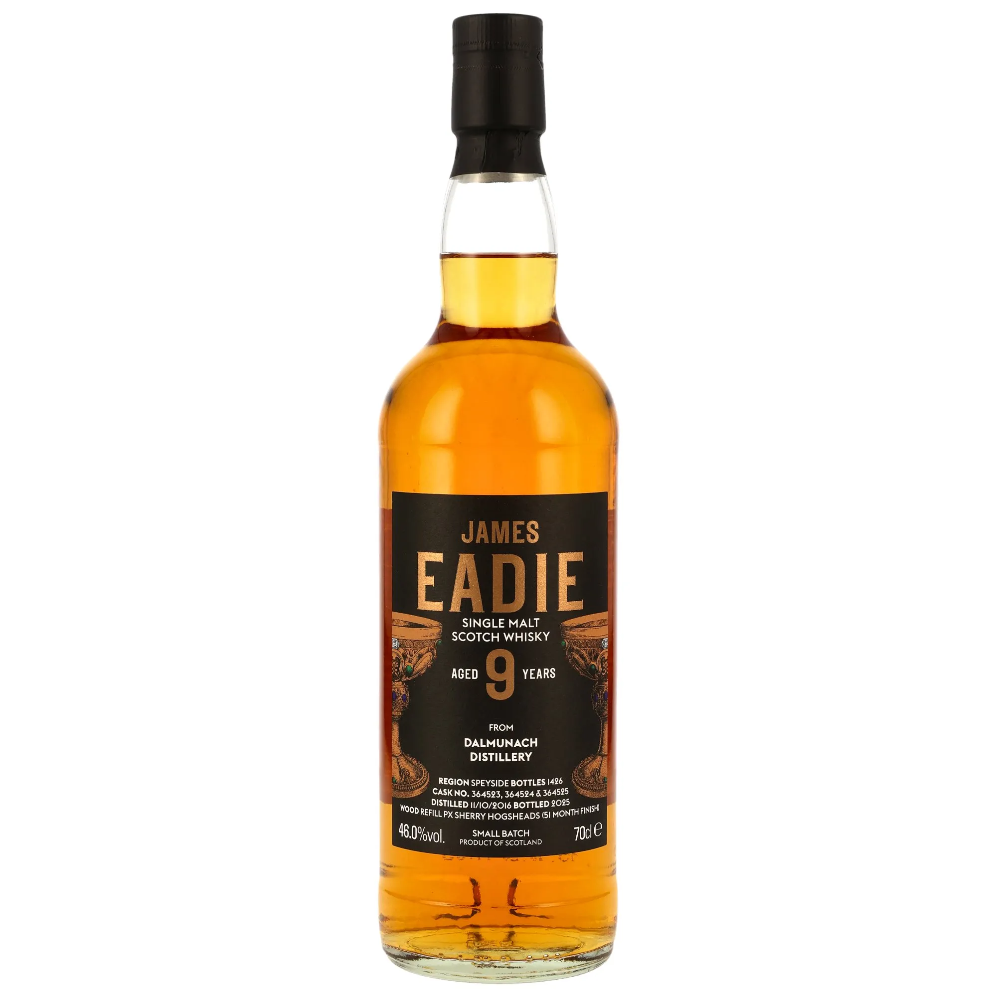 Dalmunach The Golden Cup 9 Year Old, Refill PX Sherry Hogshead Cask, Cask #364523, 364524, 364525, Small Batch, 2016, James Eadie, 46%