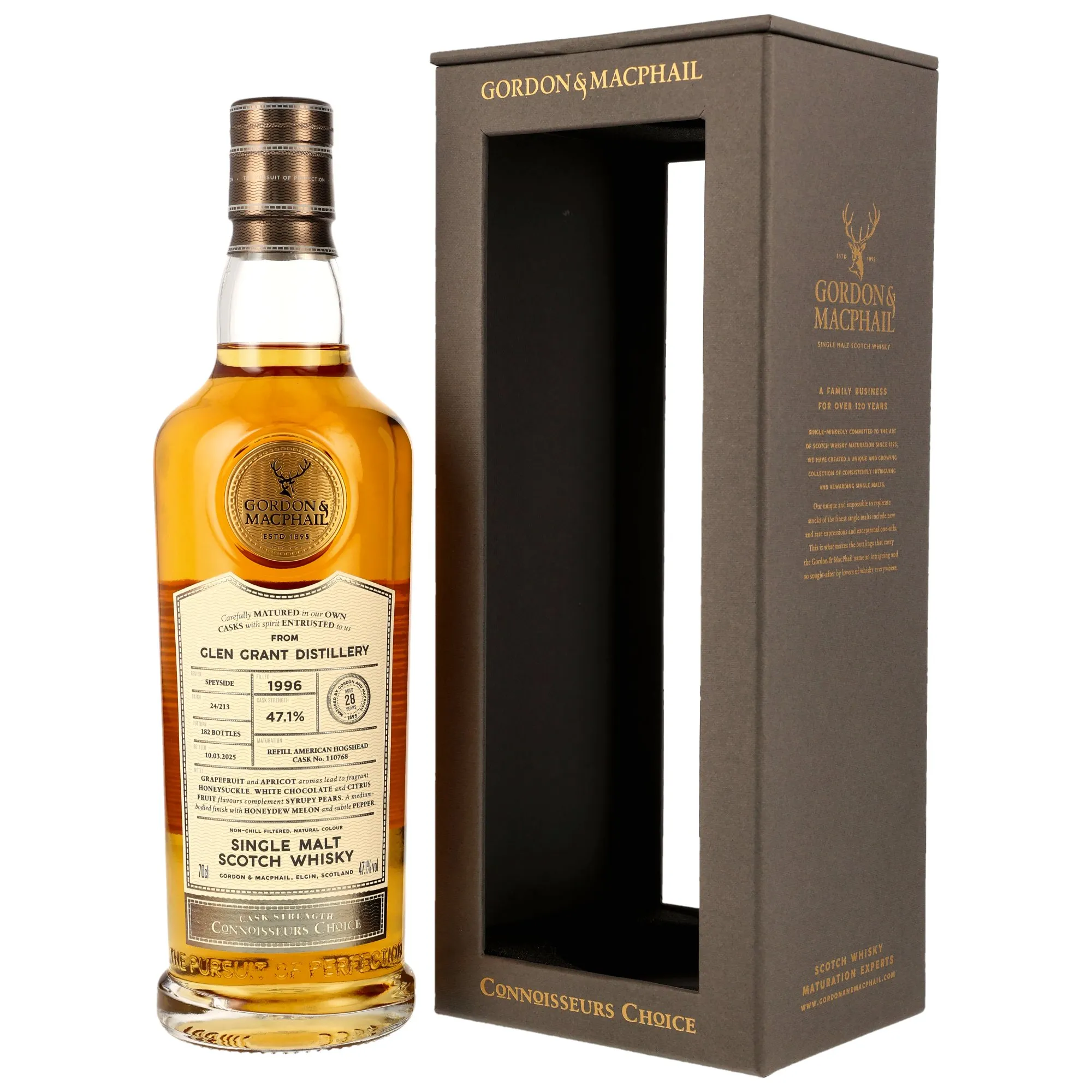 Glen Grant Connoisseurs Choice 28 Year Old, Refill American Hogshead Cask, Cask #110768, 1996, Gordon & MacPhail, 47.1%