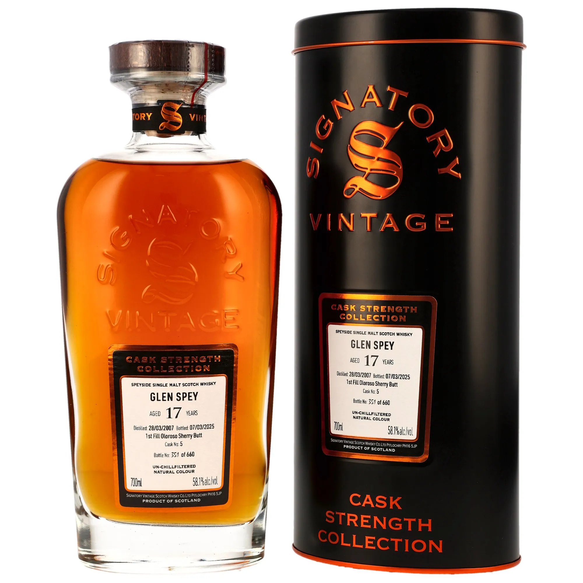 Glen Spey Cask Strength Collection 17 Year Old, Oloroso Sherry Cask, Cask #5, 2007, Signatory Vintage, 58.1%