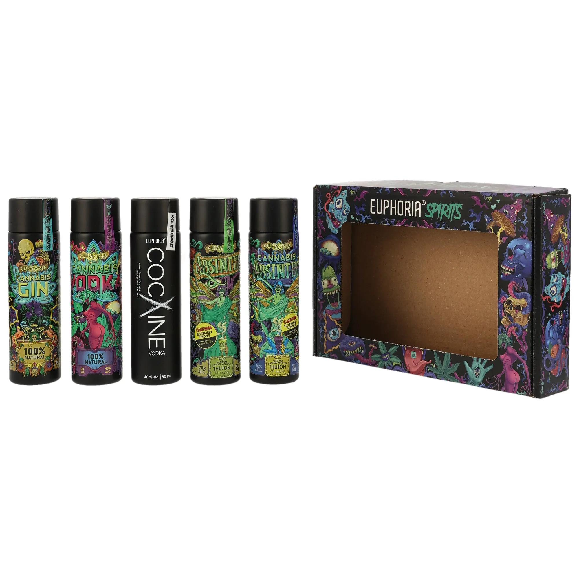 Euphoria Spirits Mini Set 5x0,05l Cannabis Gin, Cannabis Vodka, Cocaine Vodka, Absinth, Cannabis Absinth