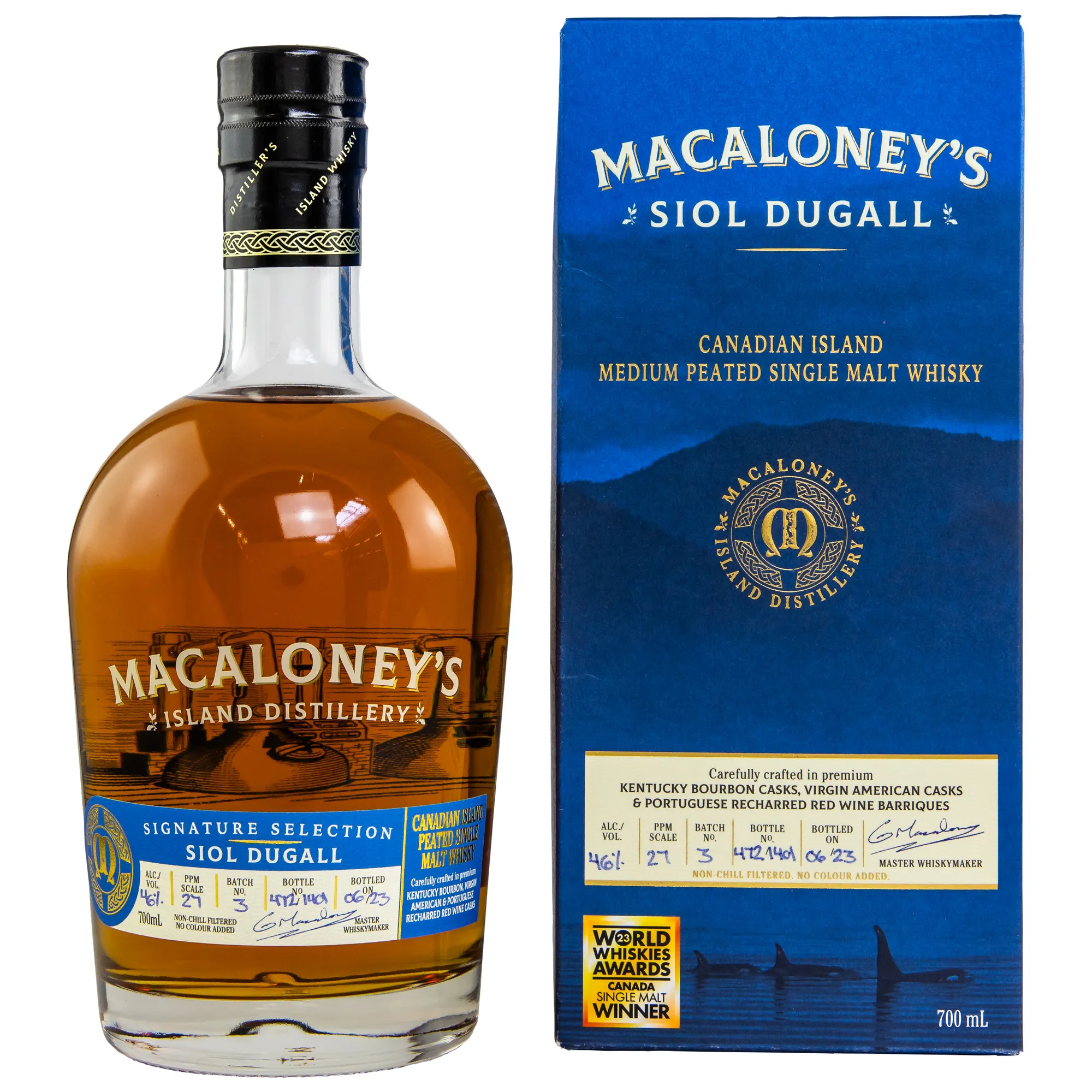 Macaloney's Siol Dugall Medium Peated Signature Selection, Bourbon & Red Wine Barriques Cask, Batch No. 3, 2023, 46%