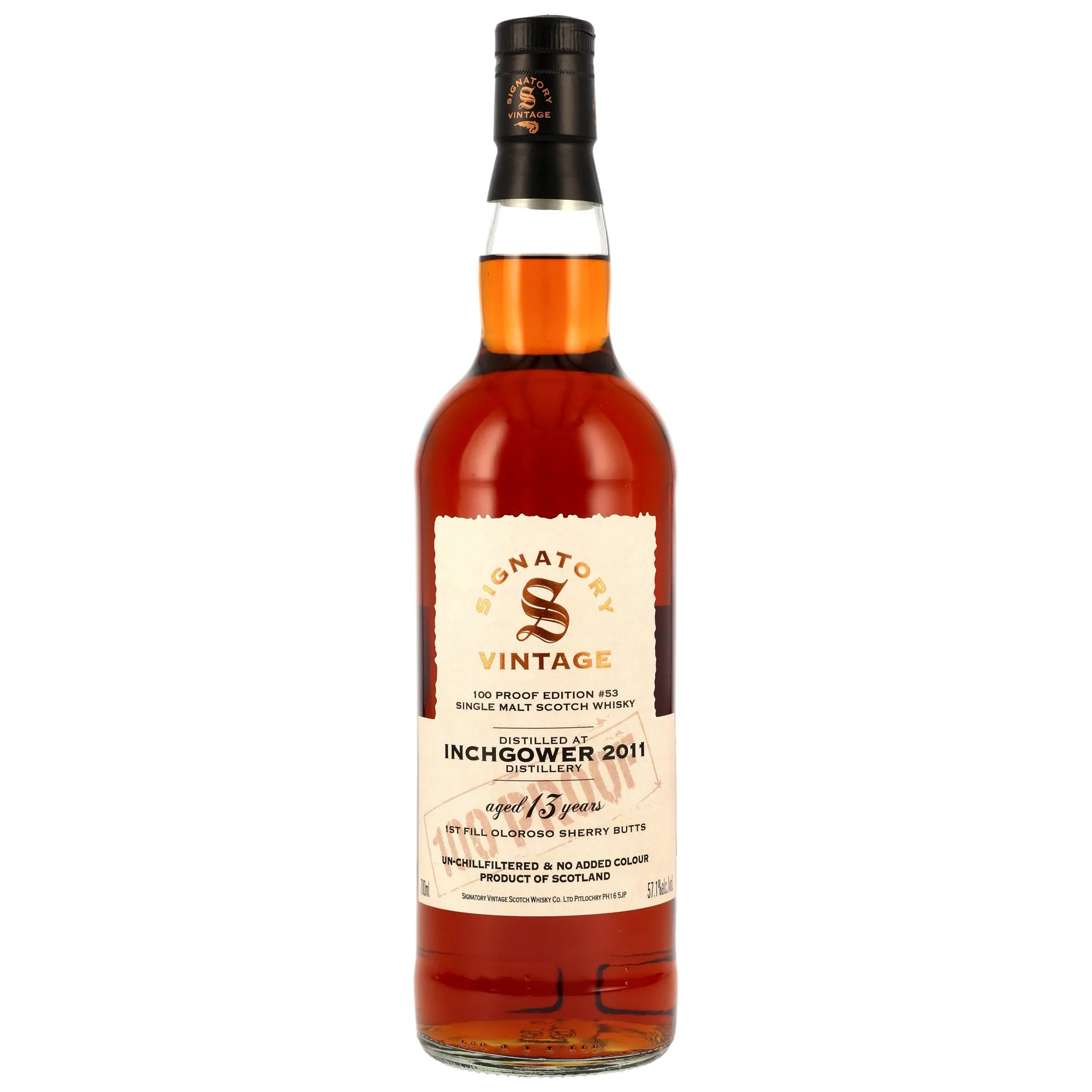Inchgower 100 Proof Edition 13 Year Old, Oloroso Sherry Cask, Edition No. 53, 2011, Signatory Vintage, 57.1%