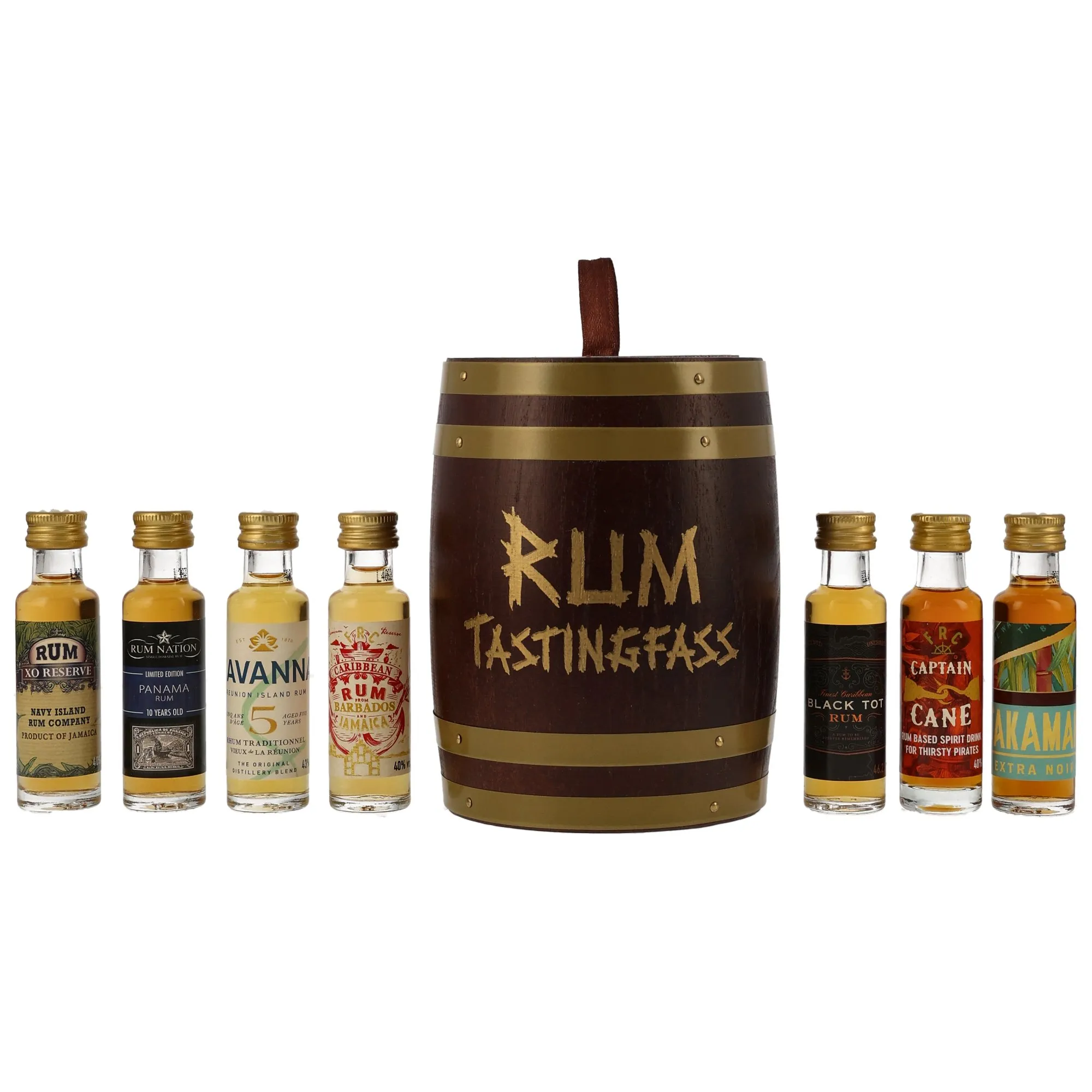 Rum Tasting Fass 7x 0,02l Panama Rum 10 Jahre, Captain Cane, FRC Barbados & Jamaica, Black Tot, Navy Island XO Reserve, Savanna 5 Jahre,Takamaka Extra Noir