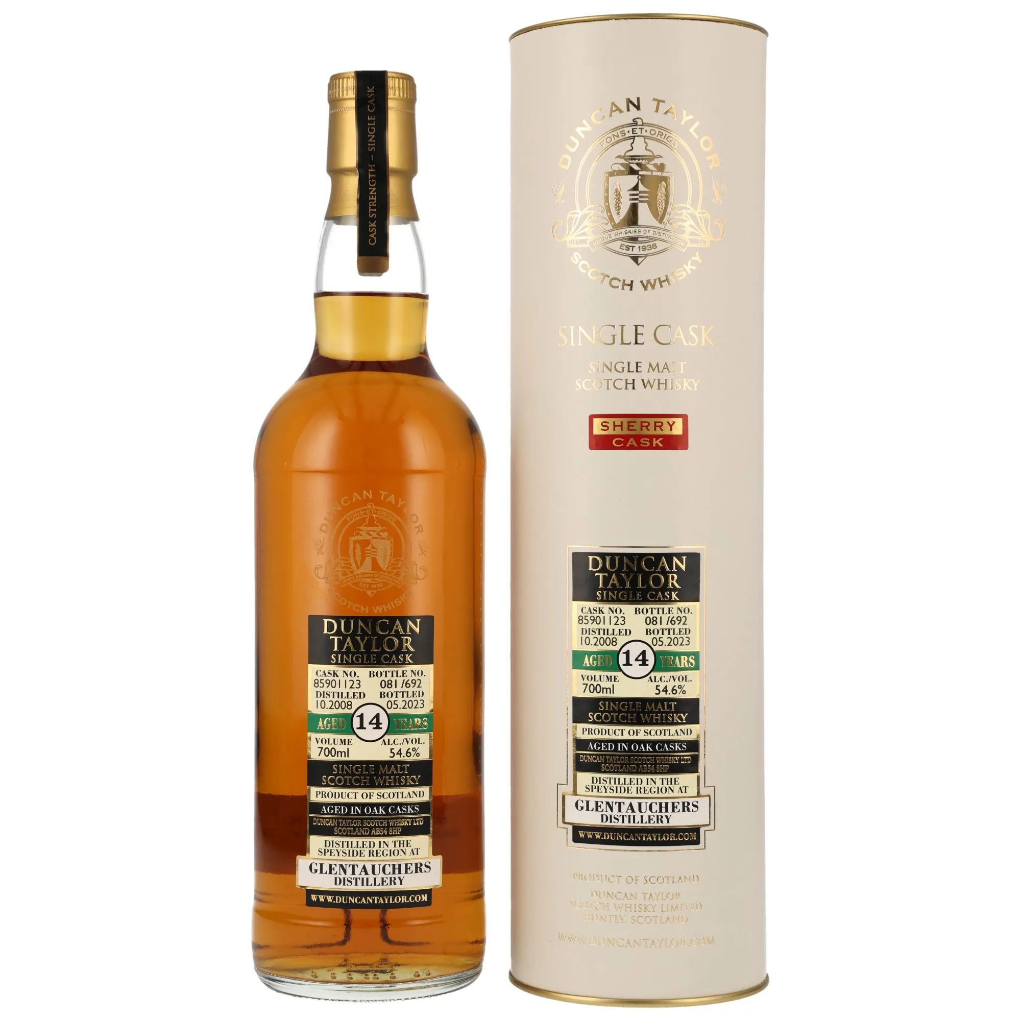 Glentauchers Single Cask 14 Year Old, Sherry Cask, Cask #859013, 2008, Duncan Taylor, 54.6%