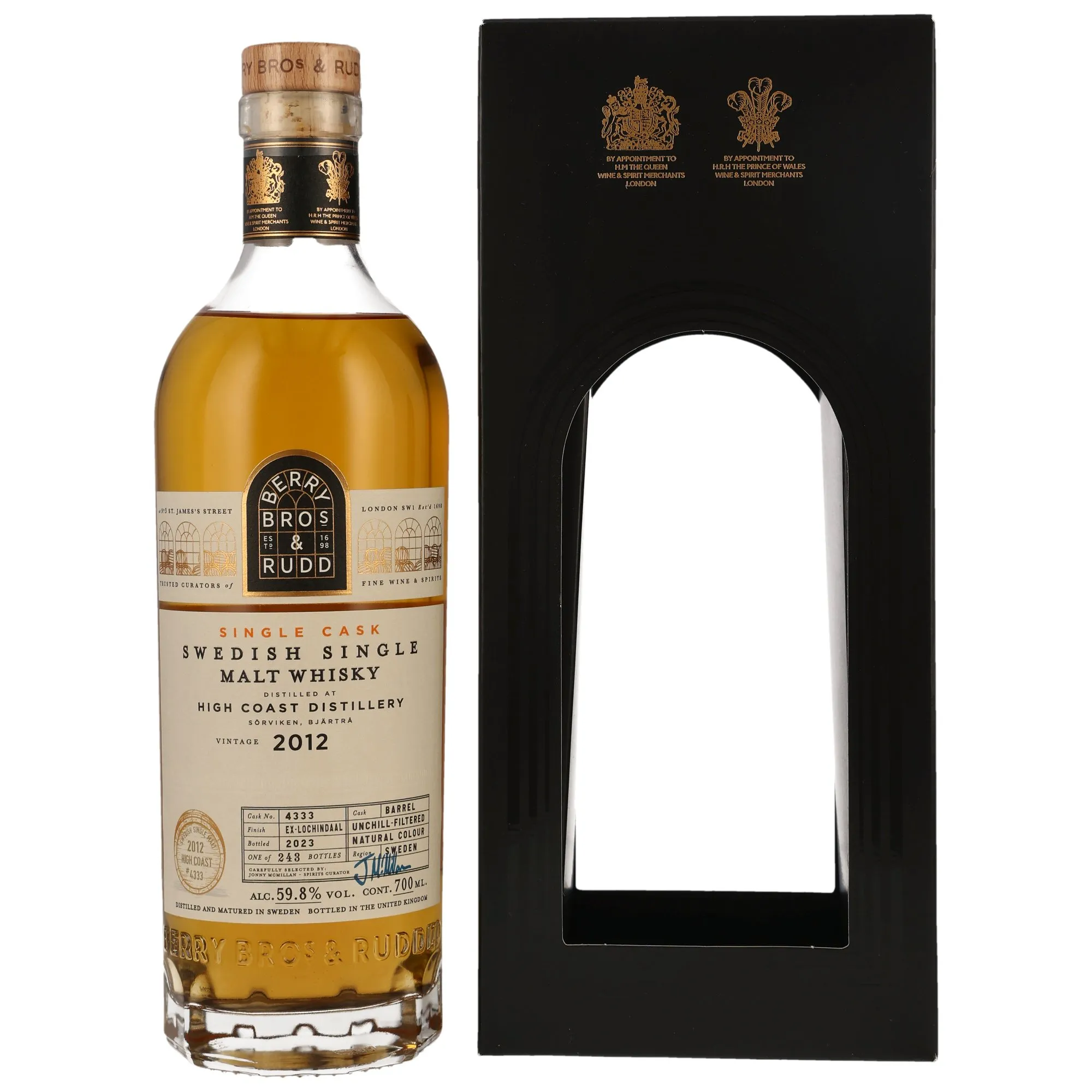 High Coast Single Cask Ex-Lochindaal Cask Finish 11 Year Old, Barrel Cask, Cask #4333, 2012, Berry Bros. & Rudd, 59.8%