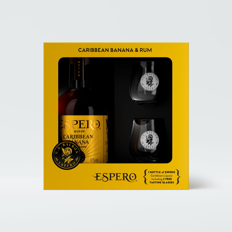Espero Liqueur Caribbean Banana mit 2 Gläsern