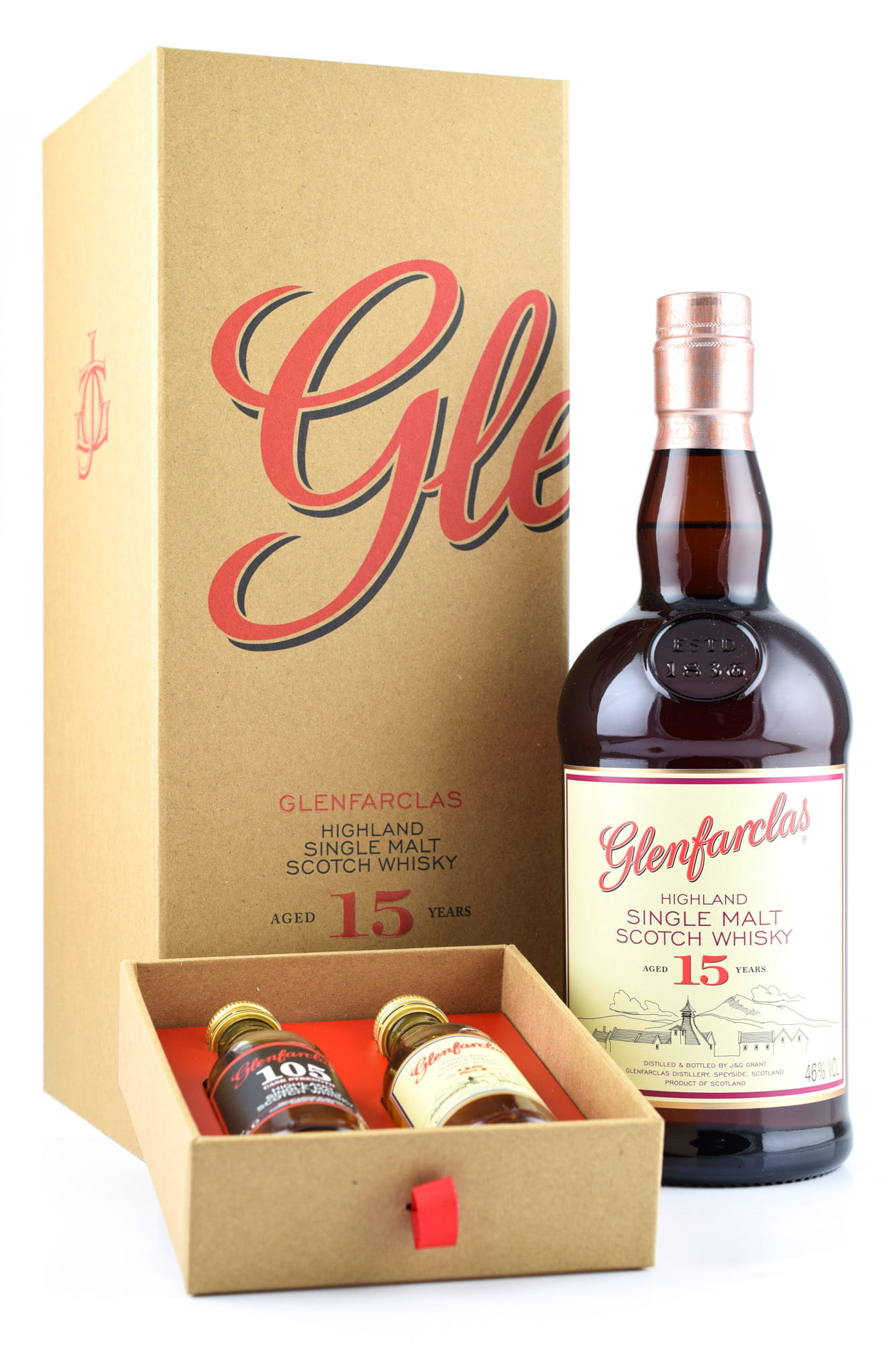 Glenfarclas 15 year old 46%vol. 0,7l incl. 2 Miniatures 105 Proof/25 year old Glenfarclas 15 year old 46%vol. 0,7l incl. 2 Miniatures 105 Proof/25 year old