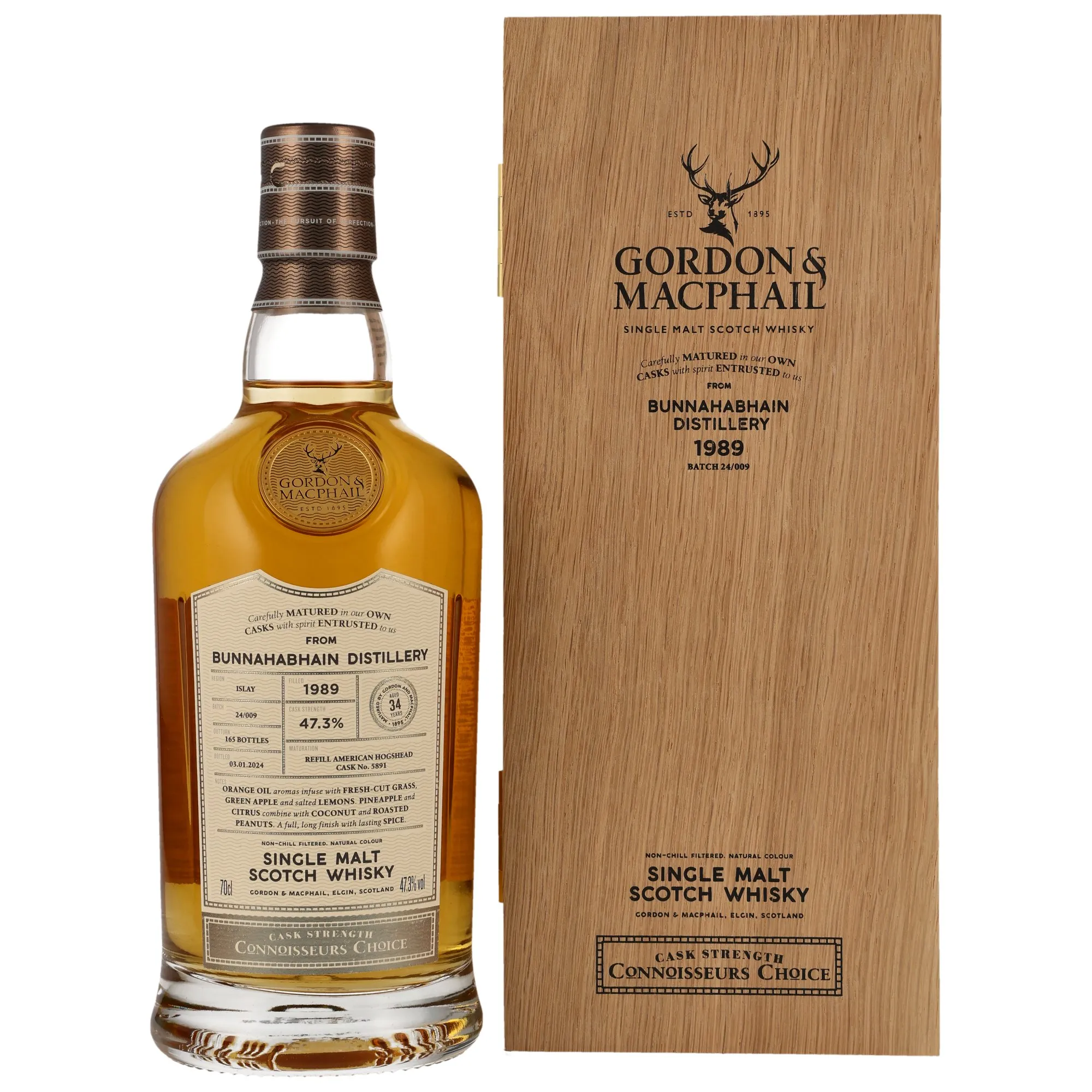 Bunnahabhain Connoisseurs Choice 34 Year Old, Refill American Hogshead Cask, Cask #5891, Batch No. 24/089, 1989, Gordon & MacPhail, 47.3%