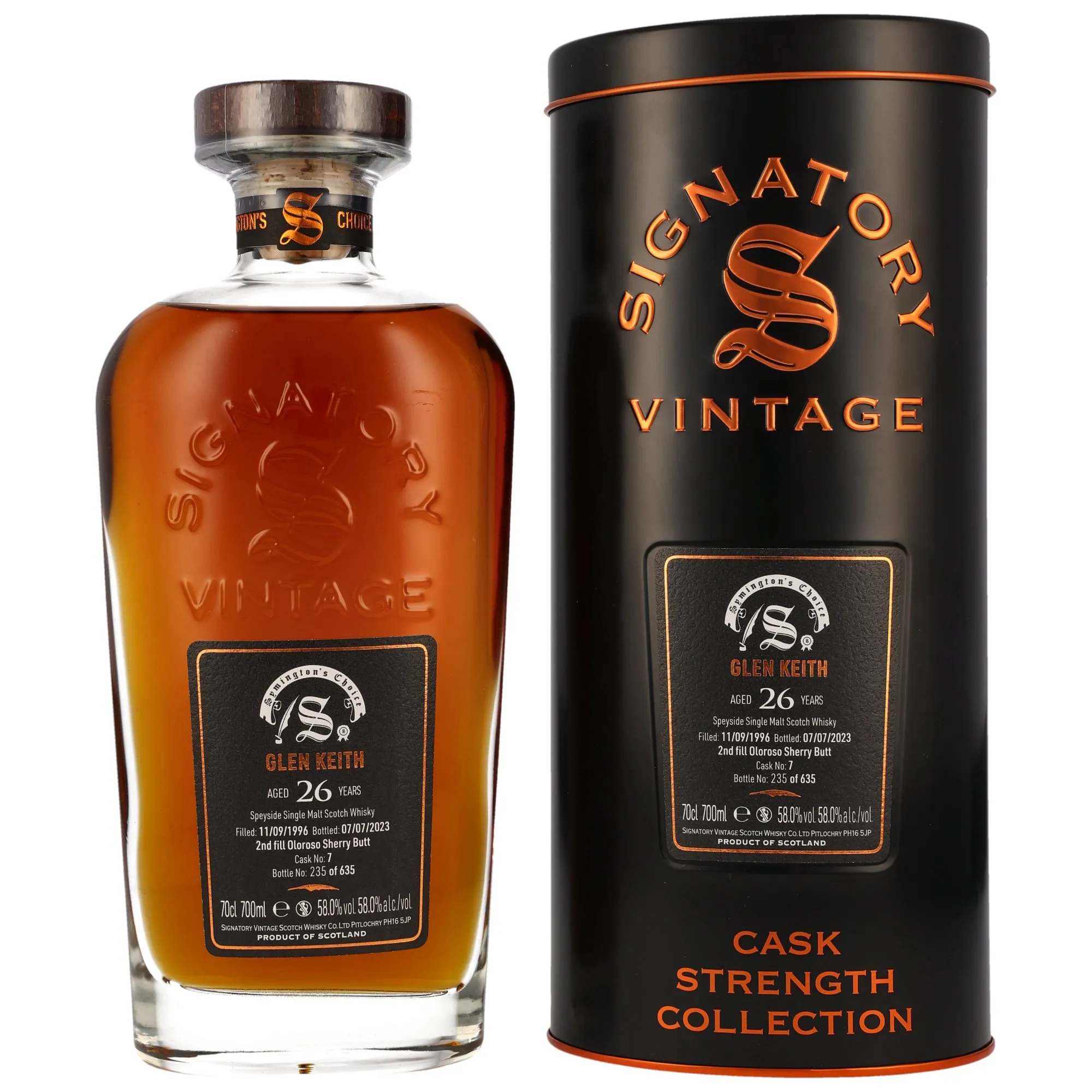 Glen Keith Cask Strength Collection Symington's Choice 26 Year Old, Oloroso Sherry Butt Cask, Cask #7, 1996, Signatory Vintage, 58%