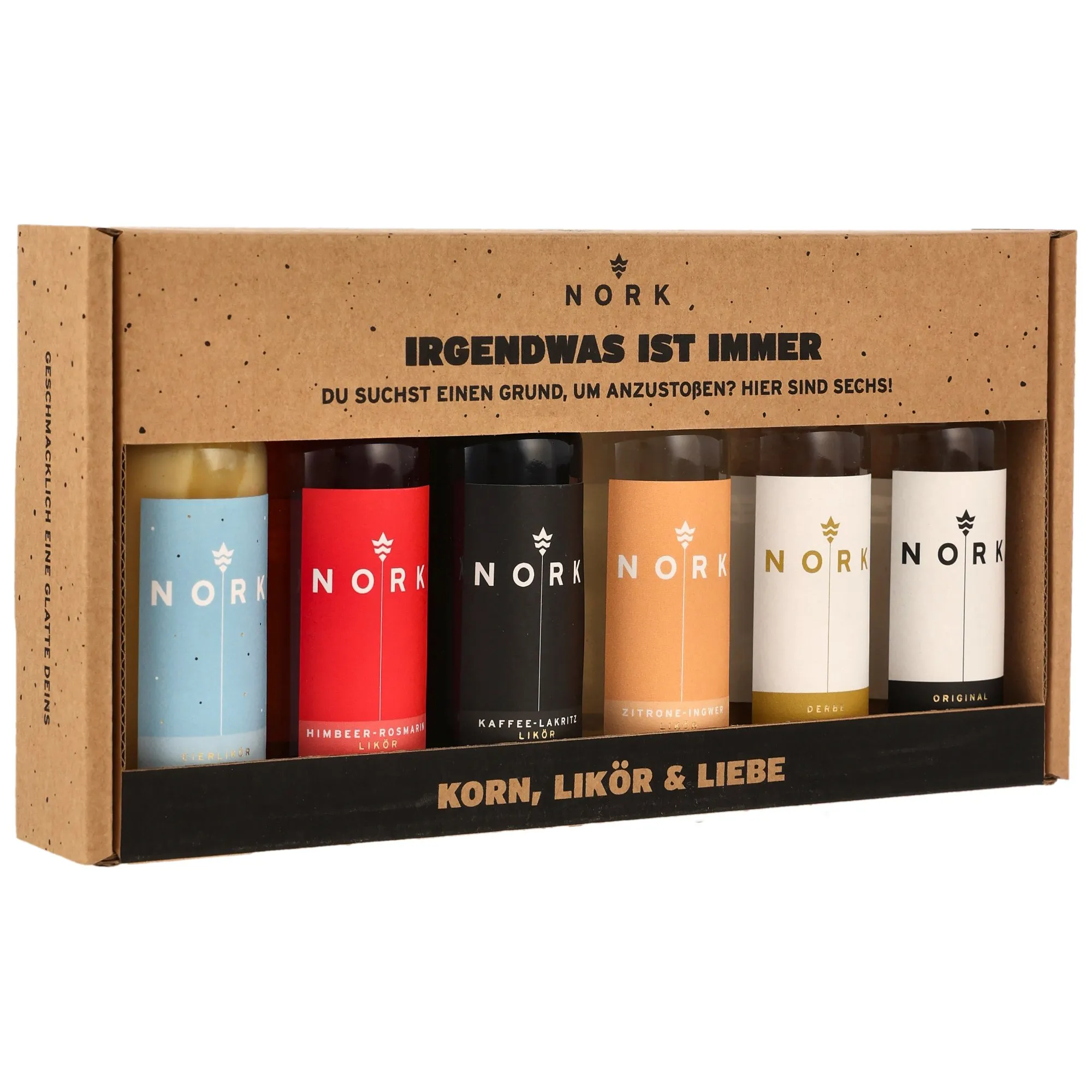 NORK Sortiment 6x0,05l "Irgendwas ist immer" Original/Derbe/Himbeer-Rosmarin/Zitrone-Ingwer/Kaffee-Lakritz/Eierlikör