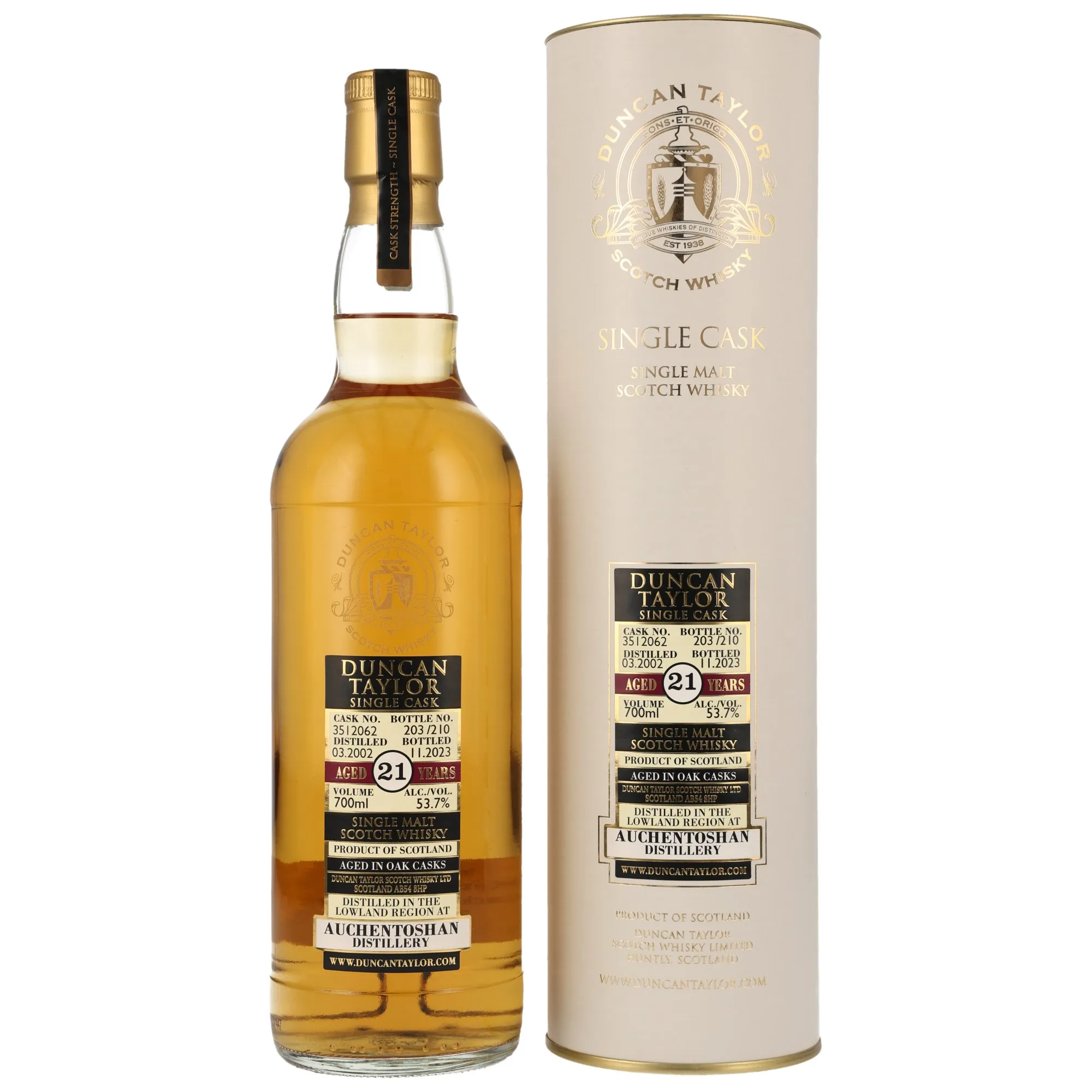 Auchentoshan Single Cask Collection 21 Year Old, Oak Cask, Cask #3512062, 2002, Duncan Taylor, 53.7%
