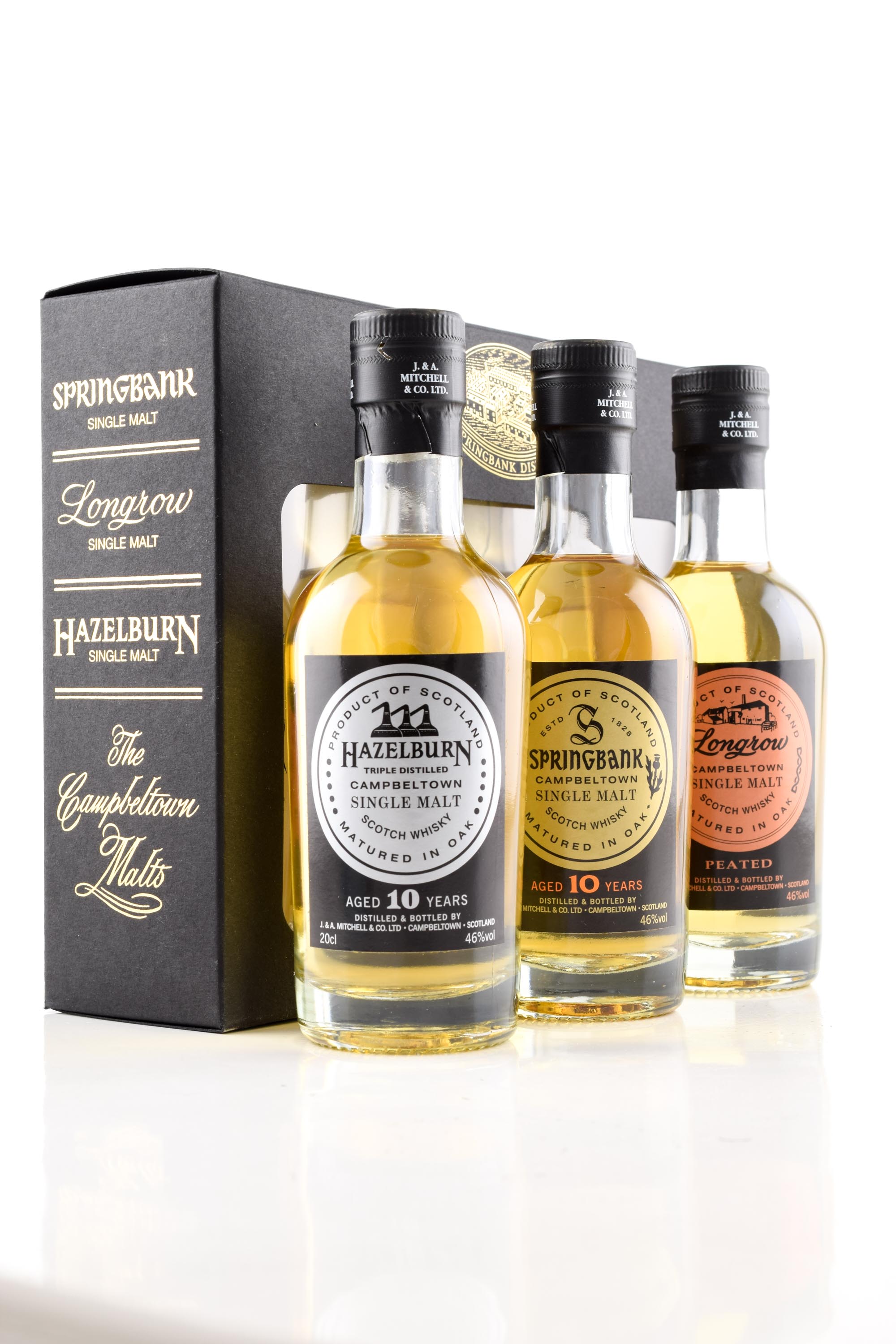 The Campbeltown malts - Springbank 10 J./Longrow Peated / Hazelburn 10 y 46% vol. 3x 0,2l The Campbeltown malts - Springbank 10 J./Longrow Peated / Hazelburn 10 y 46% vol. 3x 0,2l