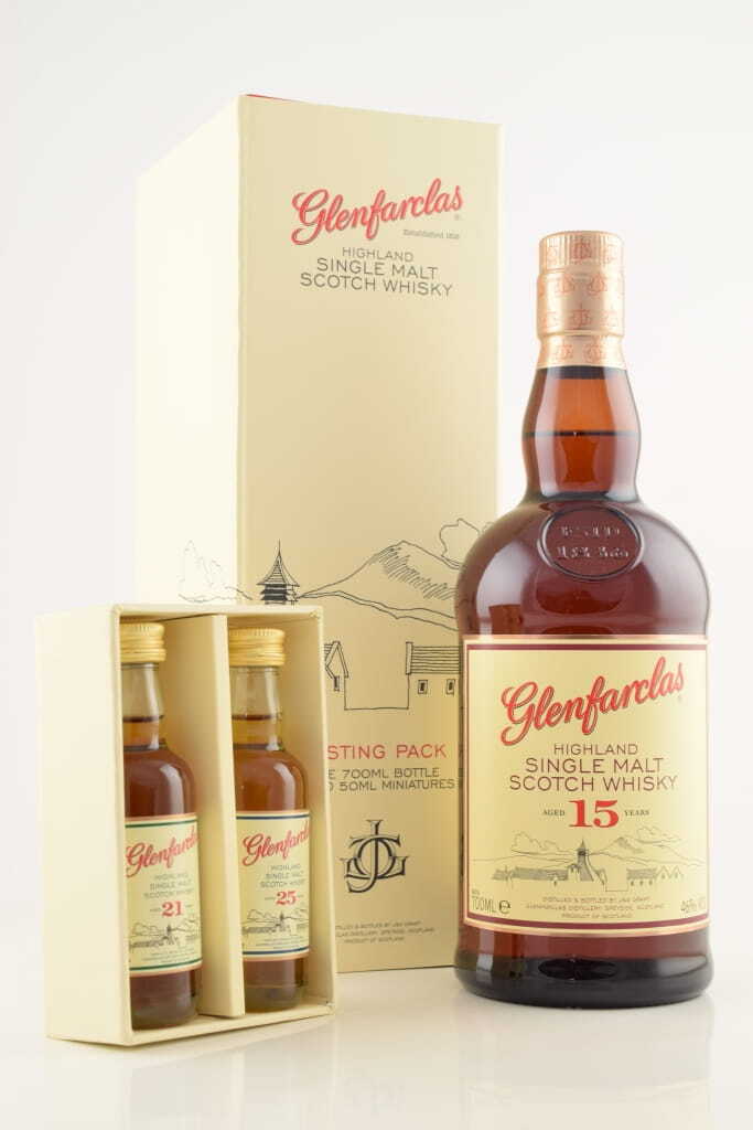 Glenfarclas Tasting Pack 15 Jahre 46%vol. 0,7l inkl. 2 Miniaturen 21/25 Jahre