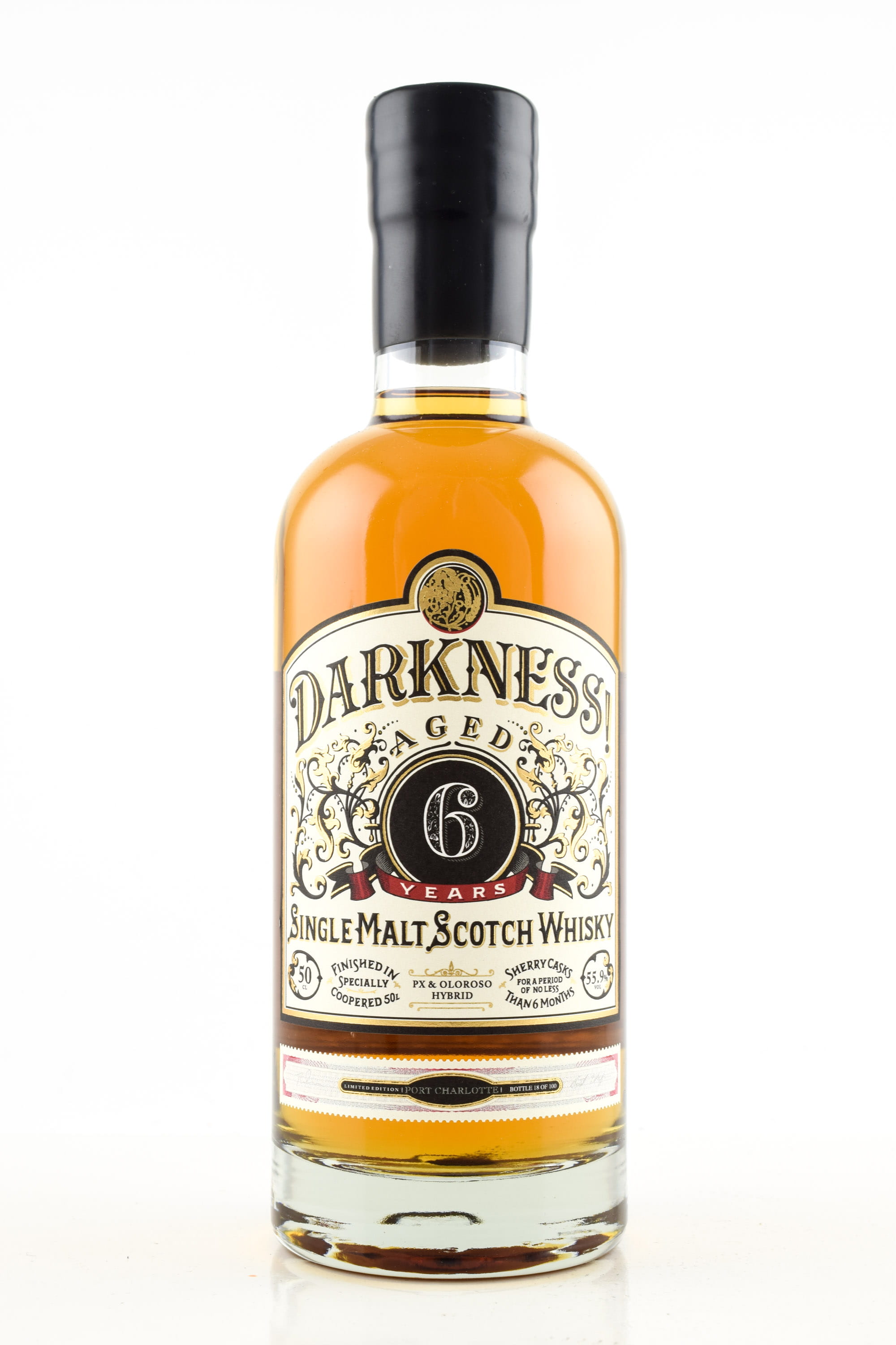 Darkness! Port Charlotte six Year Old Pedro Ximénez and Oloroso Cask Finish hybrid 55.9% vol. 0.5l
