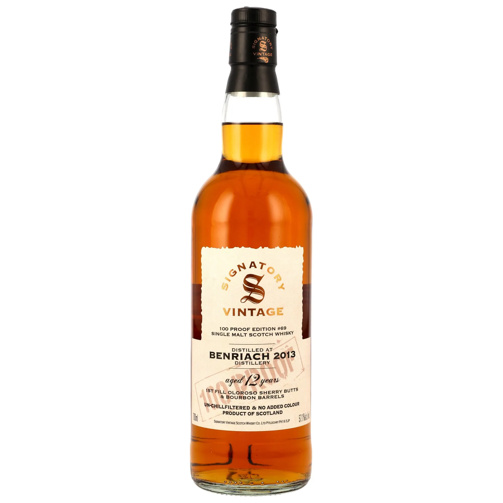 Benriach 100 Proof Edition 12 Year Old, Oloroso Sherry & Bourbon Cask, Cask #900200, No. 69, 2013, Signatory Vintage, 57.1%