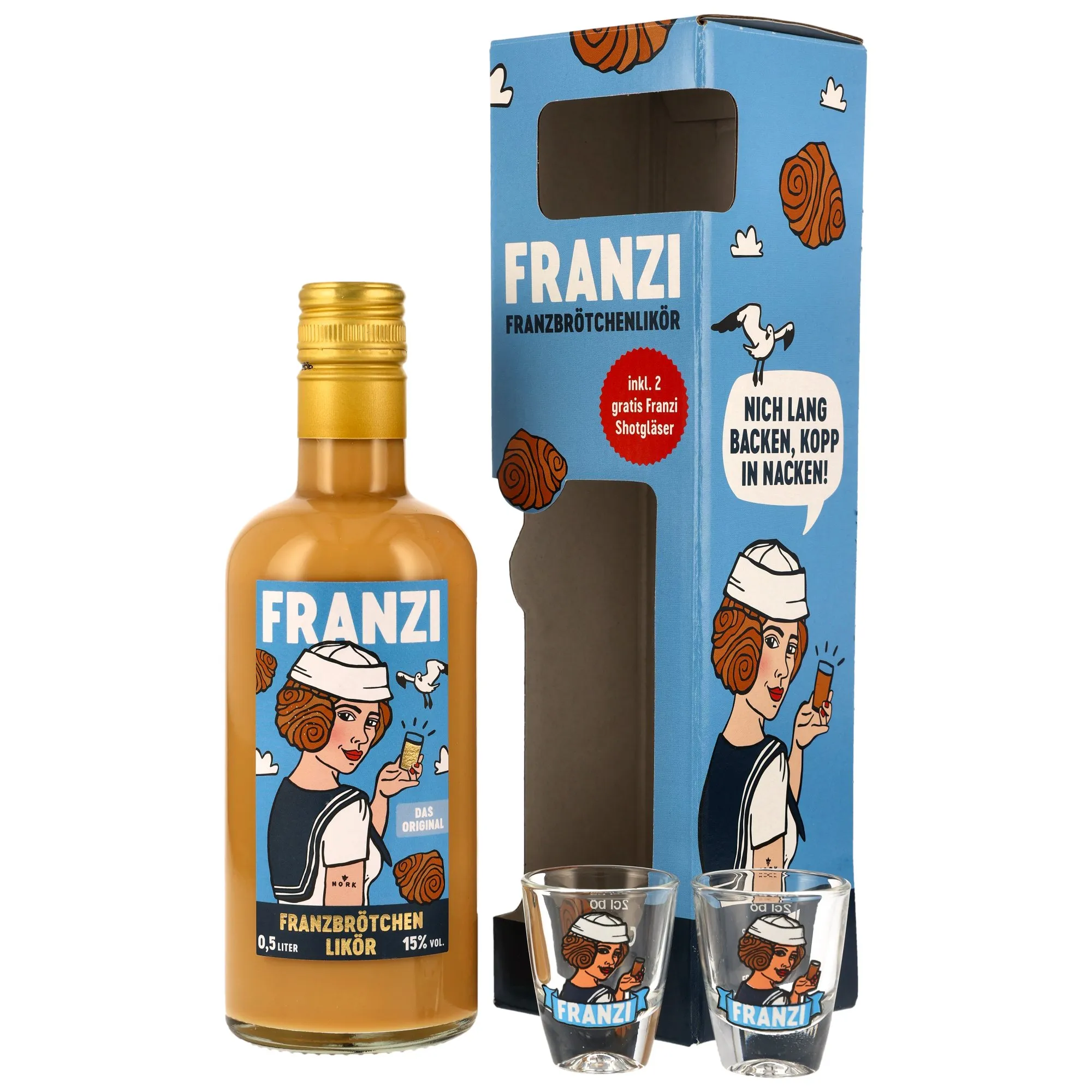 Franzi Franzbrötchenlikör + 2 Shotgläser