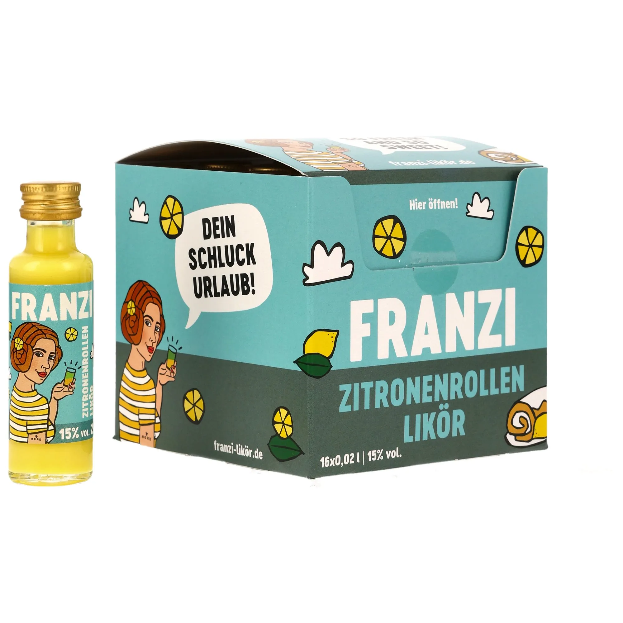 Franzi Zitronenrollen Likör Miniaturbox - VPE: 16x0,02 Abgabe nur als Box - 1 Bestellung entspricht 16 Stück