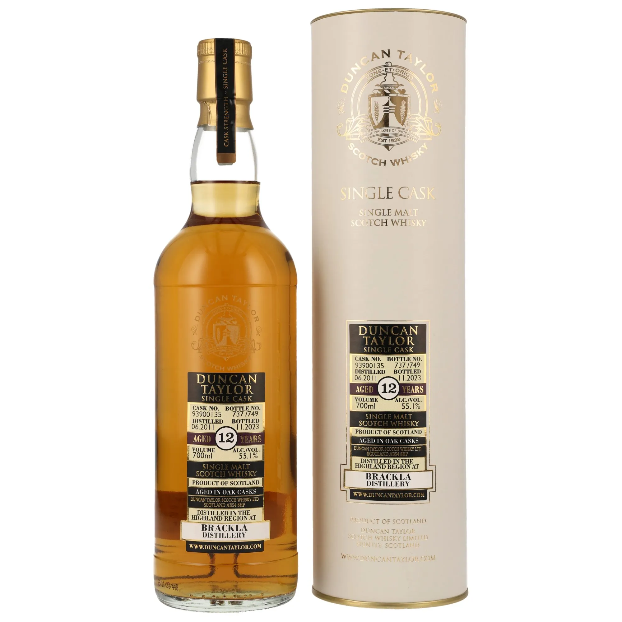 Brackla Single Cask Collection 12 Year Old, Refill Bourbon Cask, Cask #93900135, 2011, Duncan Taylor, 55.1%
