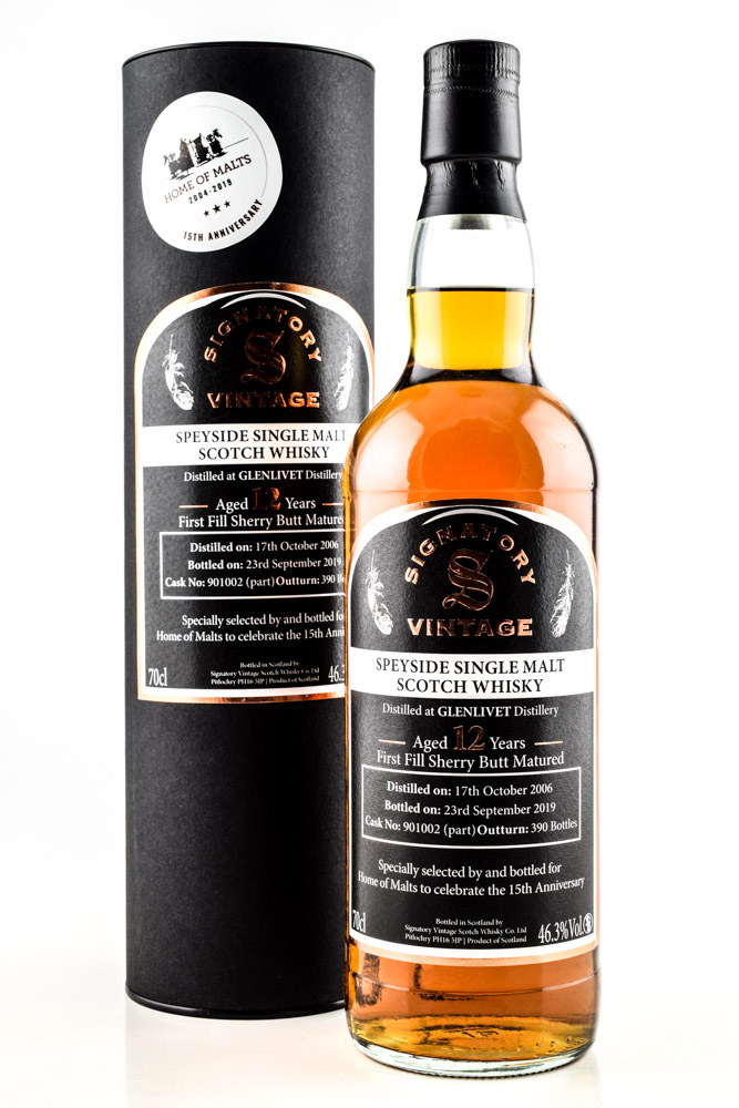 Glenlivet 12 year old 1st-fill Sherry Butt 15th Anniversary Home of Malts Signatory 46,3%vol. 0,7l Glenlivet 12 year old 1st-fill Sherry Butt 15th Anniversary Home of Malts Signatory 46,3%vol. 0,7l