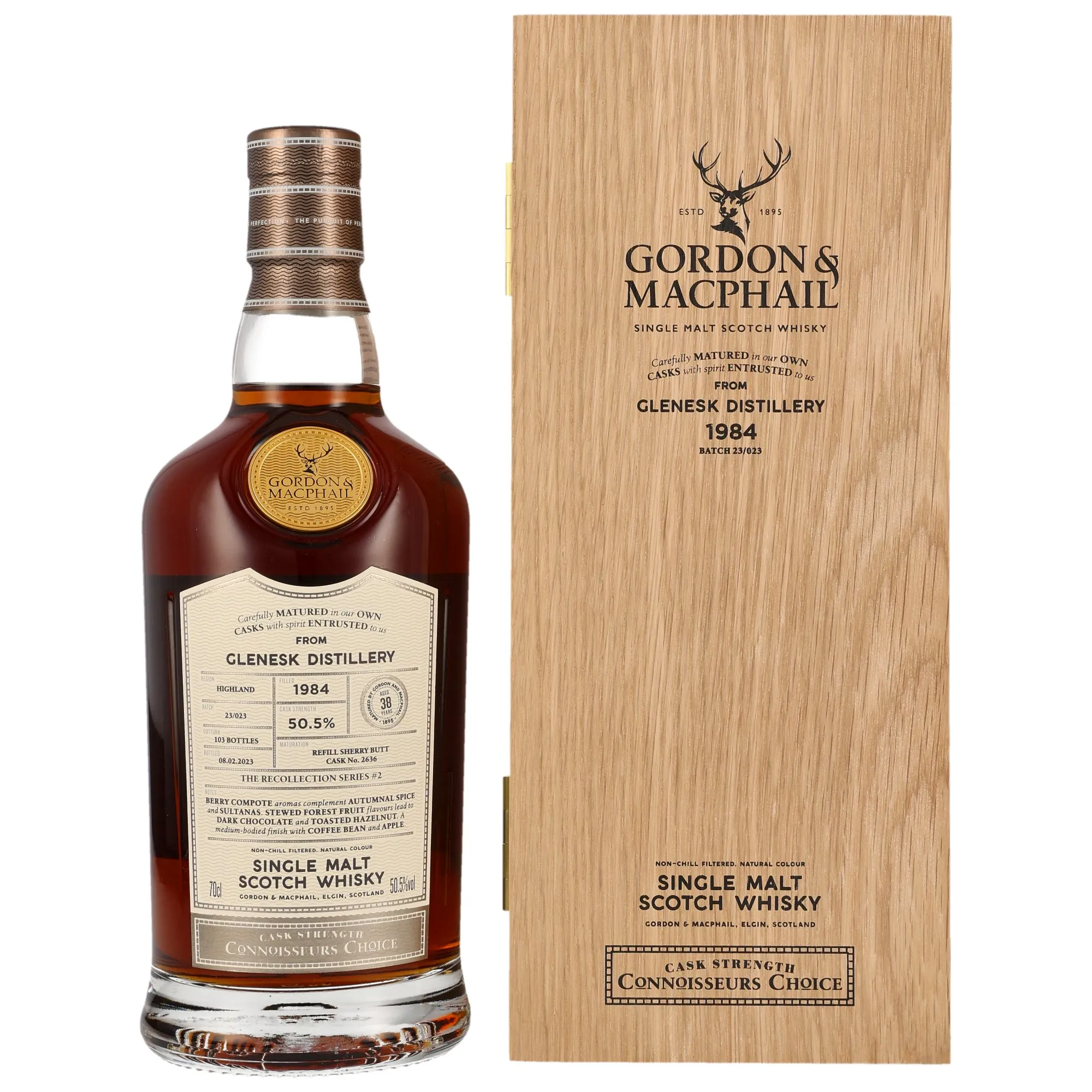 Glenesk Connoisseurs Choice, The Recollection Series No. 2 38 Year Old, Refill Hogshead Cask, Cask #2636, Batch No. 23/023, 1984, Gordon & MacPhail, 50.5%