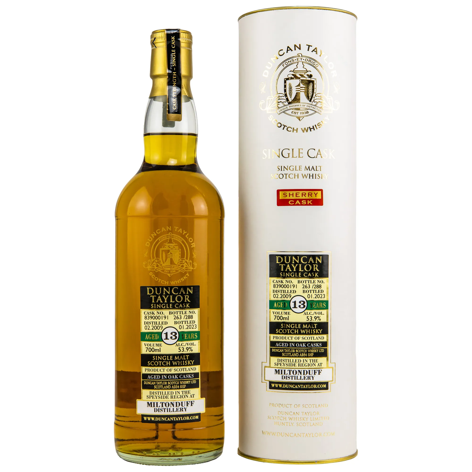 Miltonduff Cask Collection 13 Year Old, Sherry Cask, Cask #839000191, 2009, Duncan Taylor, 53.9%