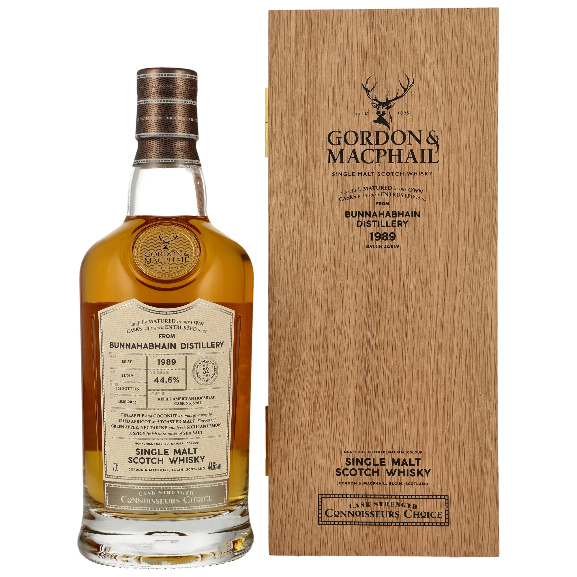 Bunnahabhain Connoisseurs Choice Upper 33 Year Old, Refill American Hogshead Cask, Cask #5701, Batch No. 22/019, 1989, Gordon & MacPhail, 44.6%