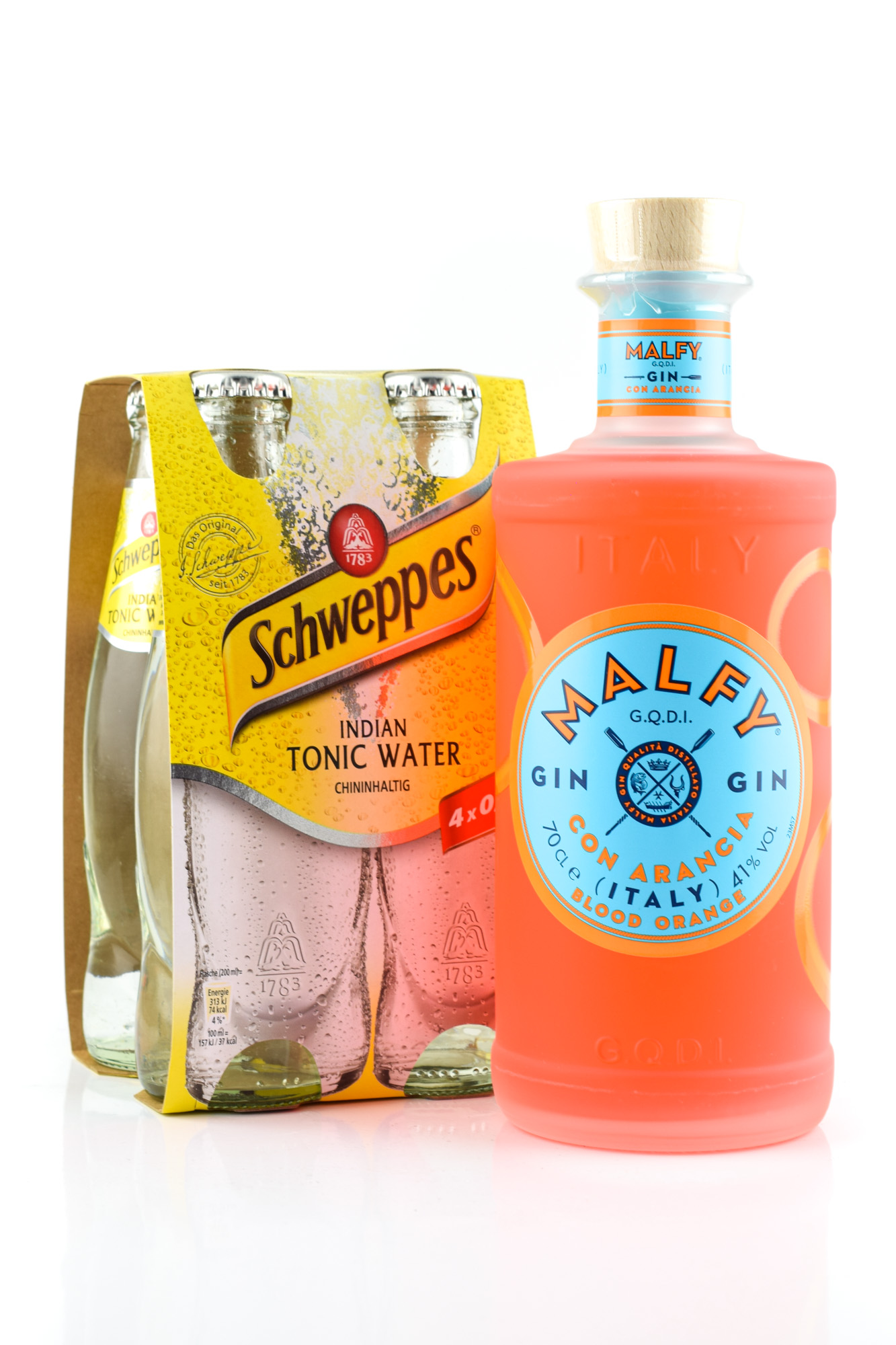 Malfy Gin con Arancia 41%vol. 0,7l mit 4x 0,2l Schweppes Indian Tonic Water Malfy Gin con Arancia 41%vol. 0,7l mit 4x 0,2l Schweppes Indian Tonic Water