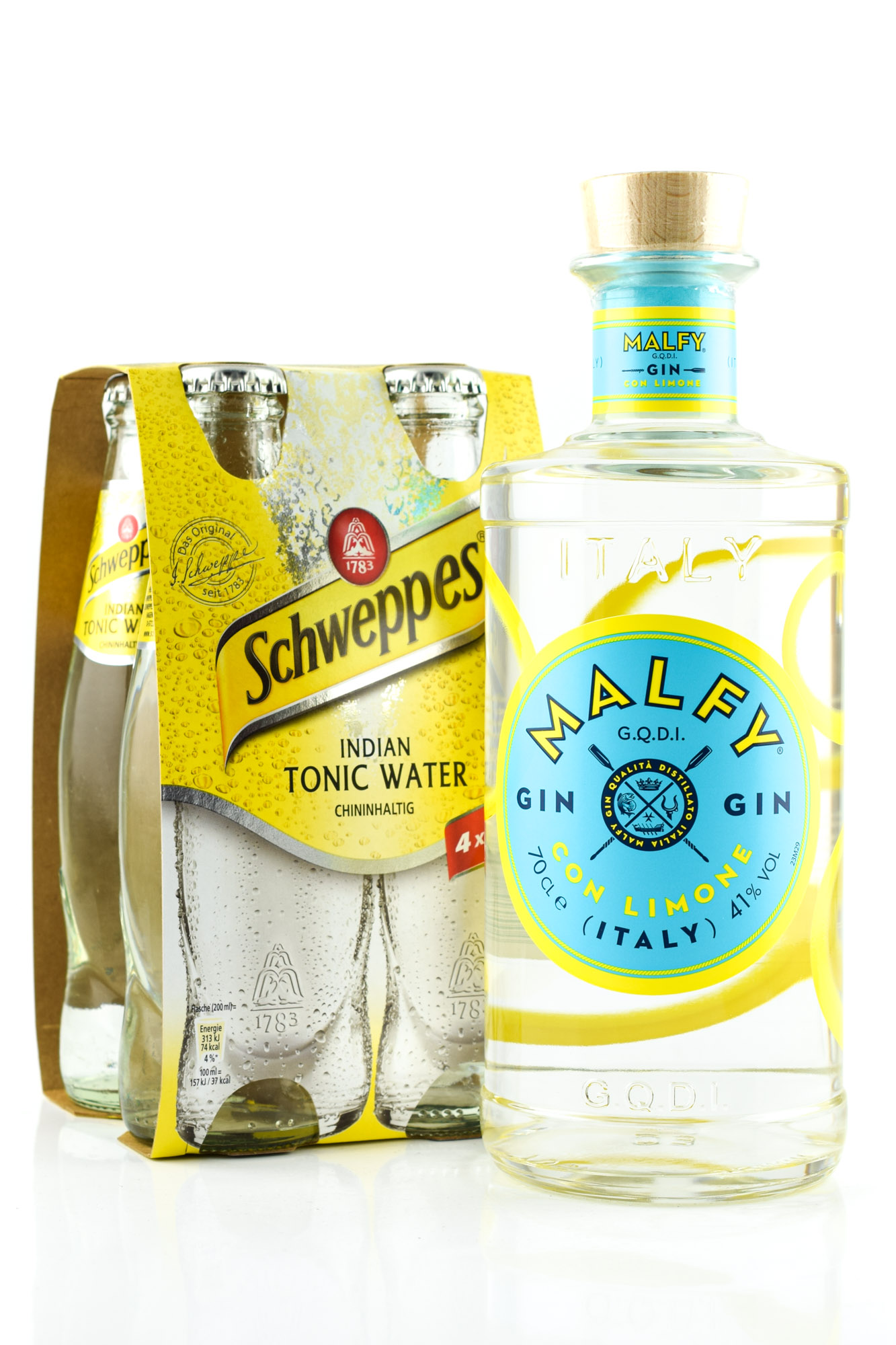 Malfy Gin con Limone 41%vol. 0,7l mit 4x 0,2l Schweppes Indian Tonic Water Malfy Gin con Limone 41%vol. 0,7l mit 4x 0,2l Schweppes Indian Tonic Water