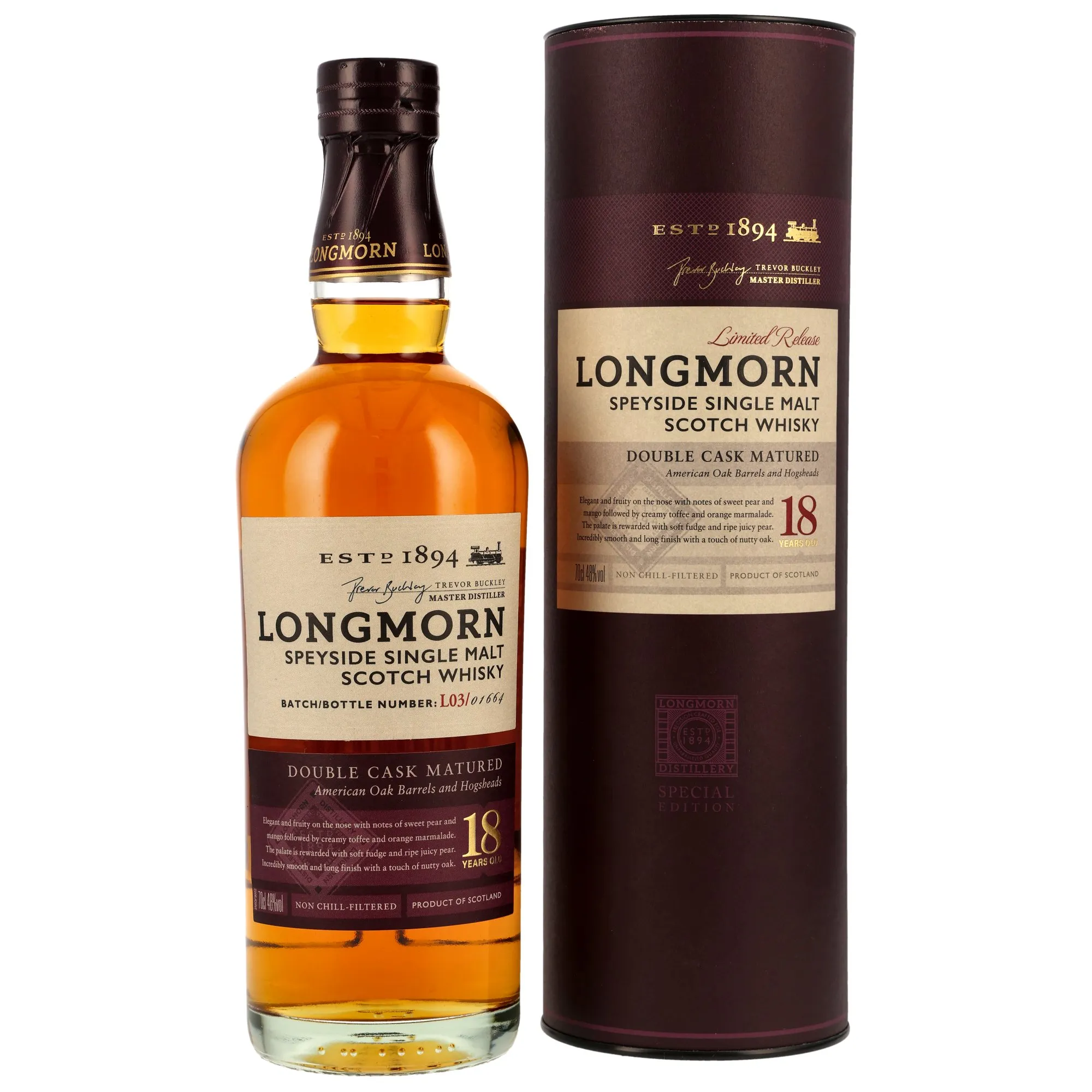 Longmorn Double Cask Matured 18 Year Old, American Oak Barrels & Hogsheads Cask, Batch No. 1.031, 2022, 48%