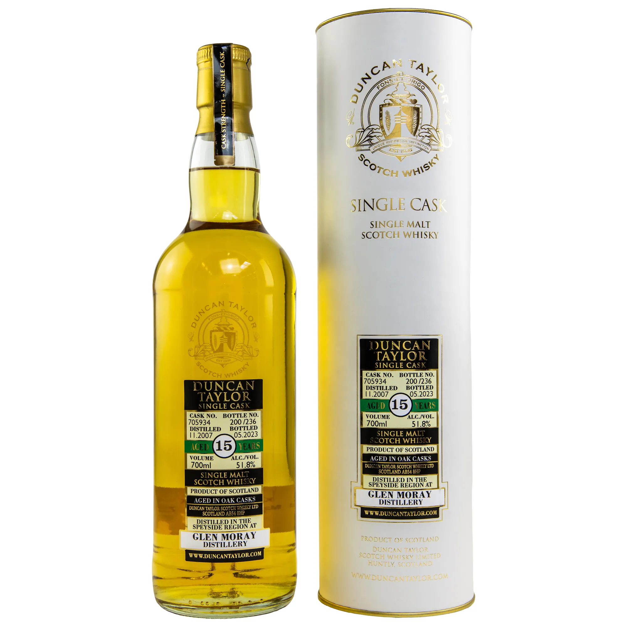 Glen Moray Single Cask 15 Year Old, Oak Cask, Cask #705934, 2007, Duncan Taylor, 51.8%