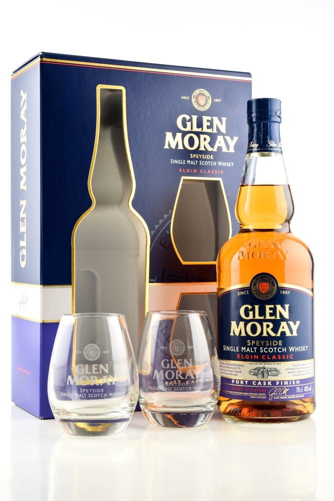 Glen Moray Port Cask Finish 40% vol. 0.7l with 2 glasses Glen Moray Port Cask Finish 40% vol. 0.7l with 2 glasses
