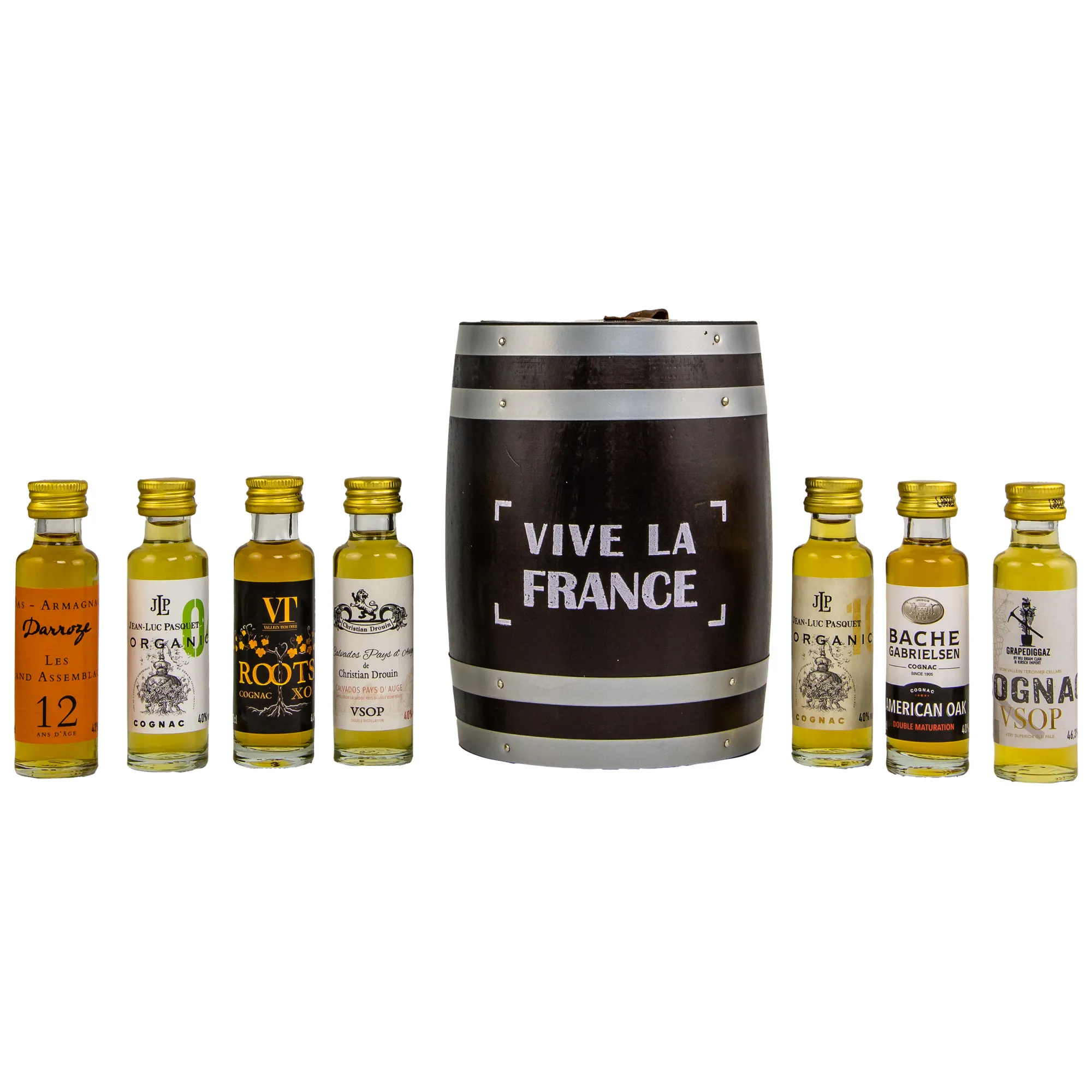 Vive la France - French Spirits Tasting Fass 7x 0,02l Bache Gabrielsen AO, Darroze 12 Jahre, Drouin Calvados VSOP, Grapediggaz VSOP, JLP 04, JLP 10, VT XO Roots