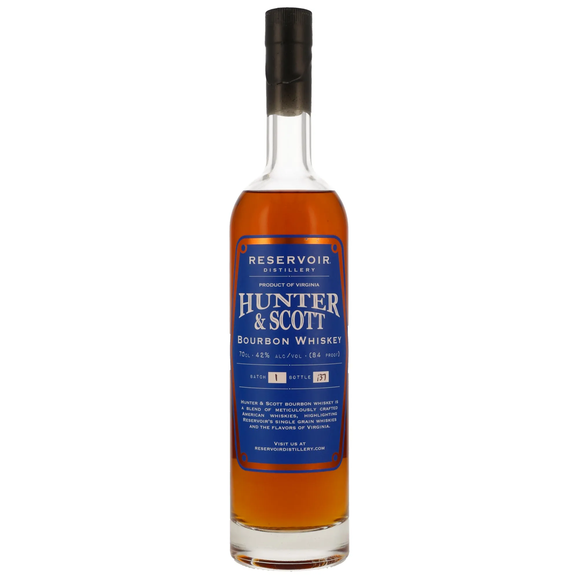 Reservoir Hunter & Scott Bourbon Whiskey 1.5 Year Old 1 Year Old, New Charred Oak Cask, Batch No. 1, 42%