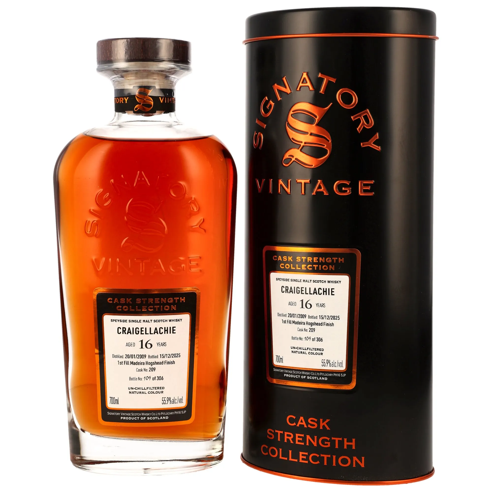 Craigellachie Cask Strength Collection 16 Year Old, Madeira Hogshead Cask, Cask #209, 2009, Signatory Vintage, 55.9%