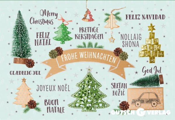 Weihnachtskarte Klappkarte - Frohe Weihnachten / Mehrsprachig / Tannenbäume